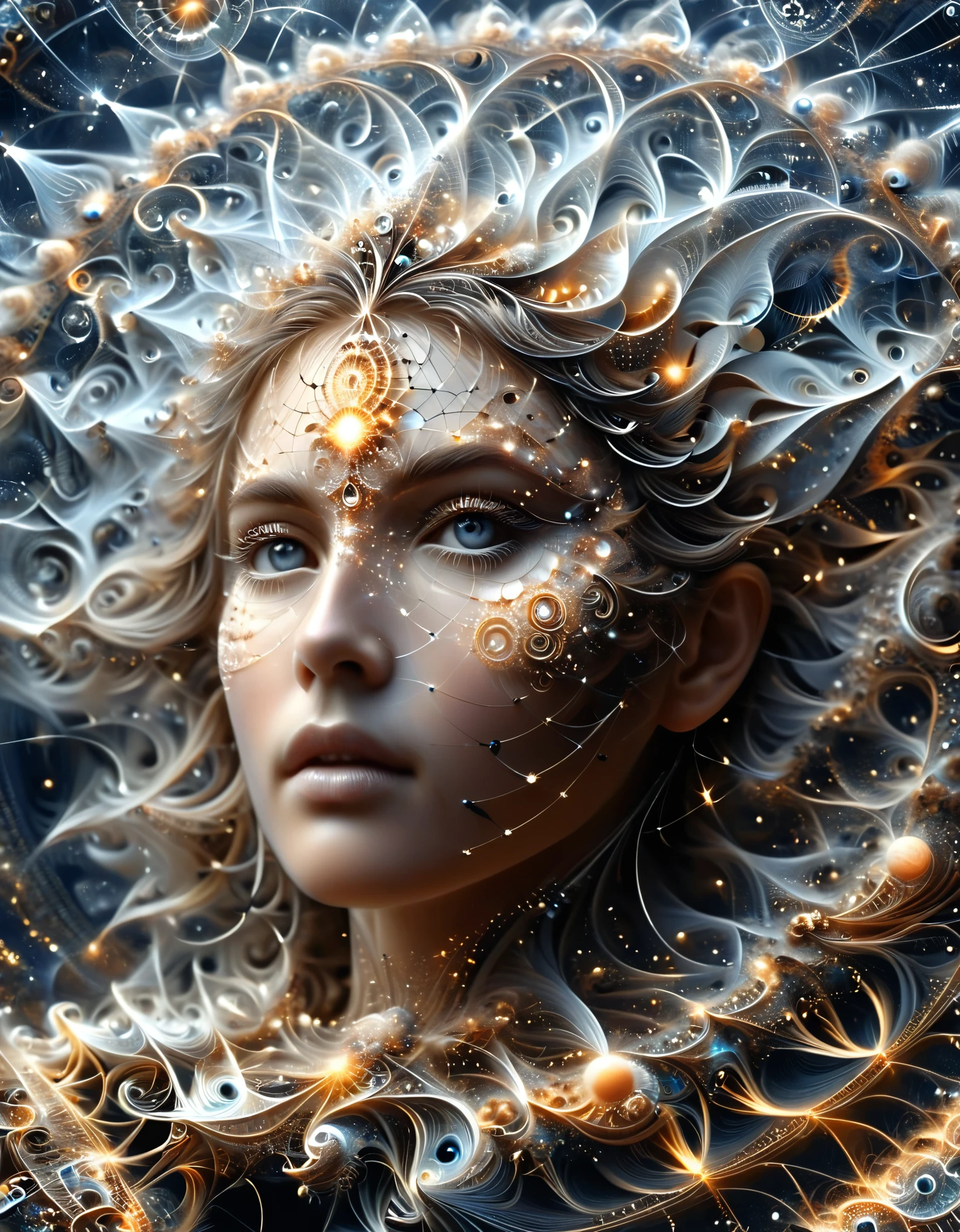 Un ciel étoilé où les constellations sont des Mathematical Equations réalistes qui prennent vie, their tendrils reach through the darkness, nombre Pi, fractals and complex geometric structures,  (une femme 35 ans, perfect and detailed eyes, pupilles parfaites, corps entier, full-length), ((Mathematical Equations))