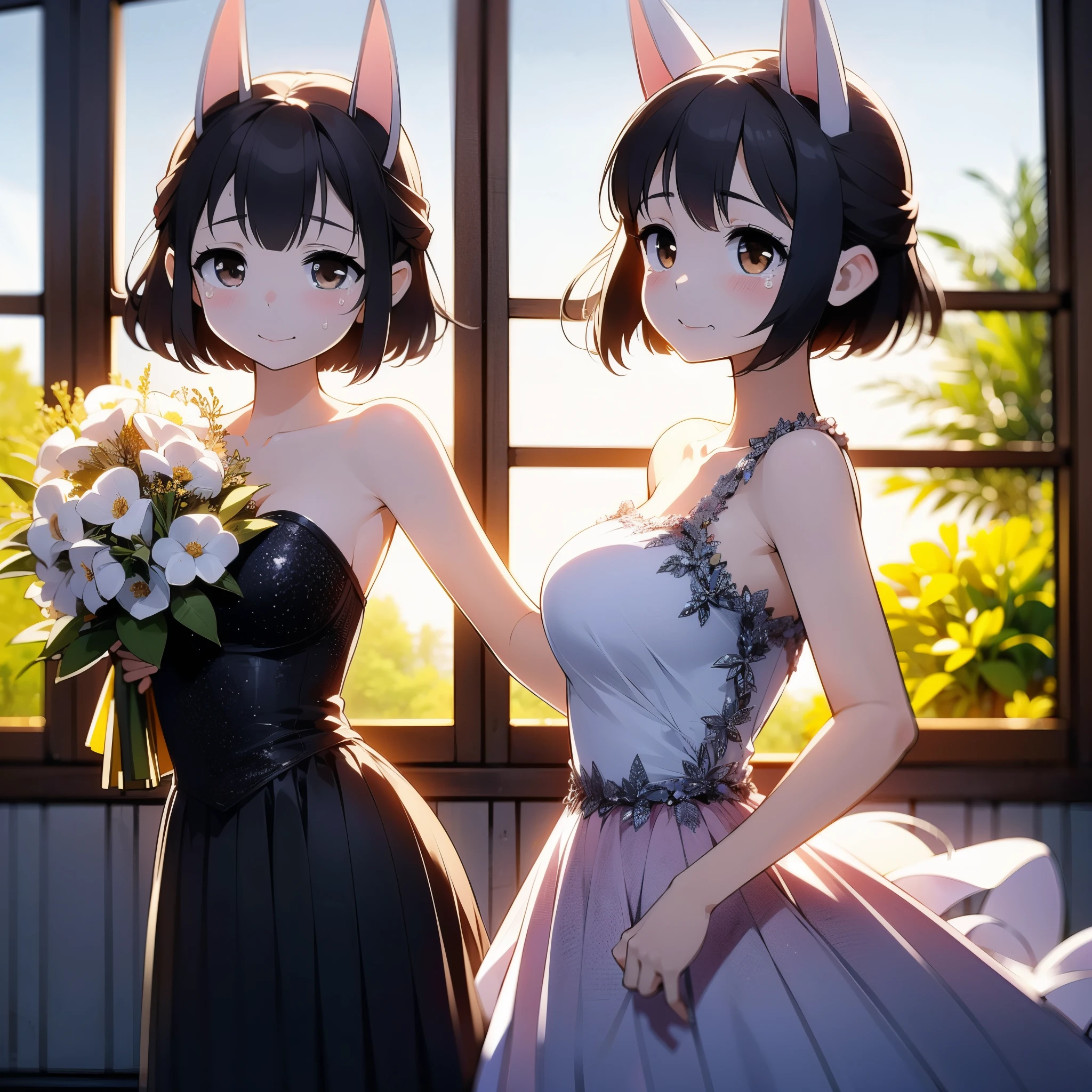 Hasaha、２people々 girl、一peopleで、Animal ears、Black Hair、Brown eyes、Pointy Ears、short hair、Fox Ears、Animal ears、 Naughty wedding dresses、Beautiful Wedding Dresses、Gorgeous Dress、Feast of Disclosure、Standing Party、Feast、2nd meeting、Cute Magic、smile、shameずかしそうな表情、shame、Skirt rolled up、Panty shot、Pick up the hem of the skirt、Cute Pants、Pee、Love Juice、Mucus leaking from the vagina、people差し指を乳首に当てます、（Brat、Grinning face、Saucy、Female Dominance:1.4）、Big Breasts、high school girl、Junior high school girl、Female college student、church、Wedding Style、Bouquet Toss、Rice Shower、Formal Wear、Disheveled clothes、The pinnacle of happiness、Open the window and show a surprised look、Anxious face、Crying face、（Sweat、tears:1.4）、Mother and daughter、sister、Starry Sky、lake、shooting star、milky way、full moon、Halley's Comet、