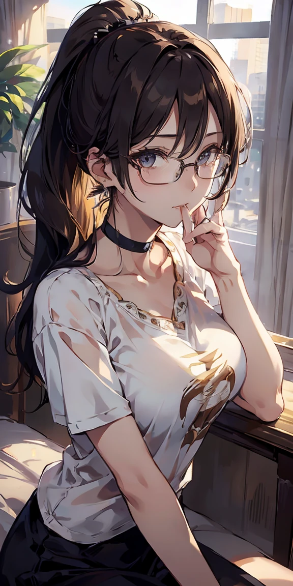 a woman sitting , bed , bed room , table, plants, window, mouth hold shirt, NSFW (masterpiece),(( hyper intricate fine detail)), (highly detailed CG illustration),(expressionless), (best quality:1.2),realistic8K UHD, High definition,(1girl:1.2), High-quality texture, intricate details, absurdes, detailed texture, finely detailed, high detail, extremely detailed cg, High-quality shadow, a realistic representation of the face, Detailed beautiful delicate face, Detailed beautiful delicate eyes, brown eye pupil, a face of perfect proportion, Depth of field, Cinematic Light, Lens Flare, Ray, mature, milf,, absurd res, milf, mature woman, perspective, highly detailed, illustration, 1girl, (large breasts), perfect hands, detailed fingers, beautiful detailed eyes, ponytail hair, brown eyes, (office ladyi:1.2), (( t-shirt)), show nipple, ((naked)), choker earrings, glasses, bracelets, detailed background, perfect eyes, seductive eyes, cowboy shot, clothes lift, (((mouth hold))),
