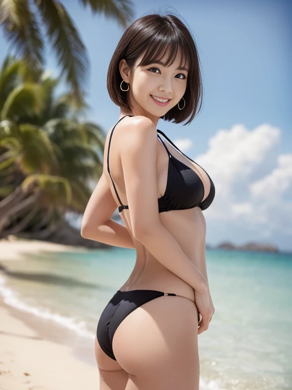（masterpiece）、(highest quality:1.5)、(16k wallpaper:1.2)、(Photorealistic:1.2)、(Ultra-detailed:1.2)、(Surreal), (High resolution), (Very detailed), (Professional), (Realistic), (Post-processing), (Very detailed),(Sharp focus), Sharp focus:1.2,Photorealistic, Ultra-realistic, Backlight, (Improvement of quality:1.4), Healthy thighs、(Narrow waist)、Big ???、（Beautiful legs）、((Perfectly detailed five-fingered hands)),（Anatomically correct body）、((1 female:1.4))、Japanese、Asian、Realistic Skin、（Small ?????：1.4）、Bust size is C cup、Pretty woman with perfect figure:1.4,(from the front:1.5), (Enhances the beauty of skin texture:1.1), (Beautiful fine details), (Detailed face),Beautiful realistic face,No makeup、美しいBlack Hair、The best smile、Natural color lip、(Small Mouth:1.2)、(Oval Face)、Even bangs、Hide eyebrows with bangs、((29-year-old woman))、Bob Hair、Hair blowing in the wind, (Black Hair, Iris, Watery eyes, Shining Eyes, Bob cut hair, 小さなEarrings,), Hair behind the ear、No makeup、(Drooping eyes)、Drooping eye corners、Professionalのカメラマンが撮影した写真，1 girl, Cute Smile.whole body、(((One lovely woman)),((A big friendly smile)),(( Small ???????,Small ???????の谷間)),((((Plump Cheeks)))),((whole body：1.５))、(Narrow waist、Slender Body)、???? and cute look and cute 29-year-old 美しい girl, 美しい and ???? face、Hair blowing in the wind、Floral ??????、C-cup ??????? with firmness、Even bangs:1.4、necklace、bracelet、Earrings、whole bodyショット、,(((Beautiful woman boasting toned ???? and muscular ????????))),((( Shapely big ???))),(A toned waist is best:1.4),(((Wink is adorable:1.2))),(((Raise the corners of your mouth and laugh out loud))),Girl in floral ?????? standing on wide sandy beach near the waves:1.5）、Cowboy Shot、Vast ocean、Calm waves、Tropical plants and palm trees line the coastline.、（White cloud:1.3）