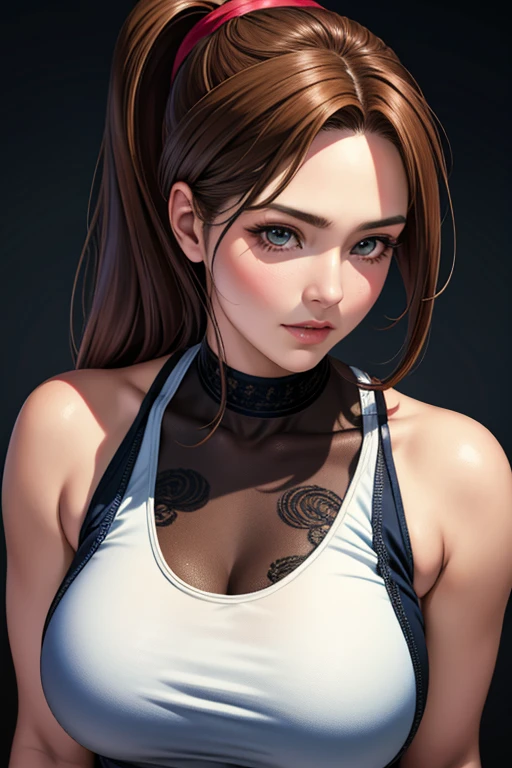masutepiece, Best Quality, 超A high resolution, (Photorealistic:1.4), Detailed beautiful face, detailed clothes, Stunning European women, Wearing a tank top, Super Cute, nice perfect face with soft skin perfect face, Gorgeous long ponytail brown hair, 8K resolution,Ultra-realistic,Ultra-detailed,hightquality, wide vision