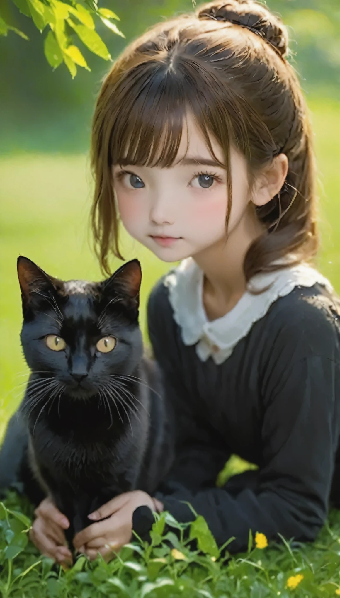 highest quality、Black catを抱く***、Cute 14 year old girl、Bun hair with brown hair tied、Black cat、natureな見た目、Long Shot、nature