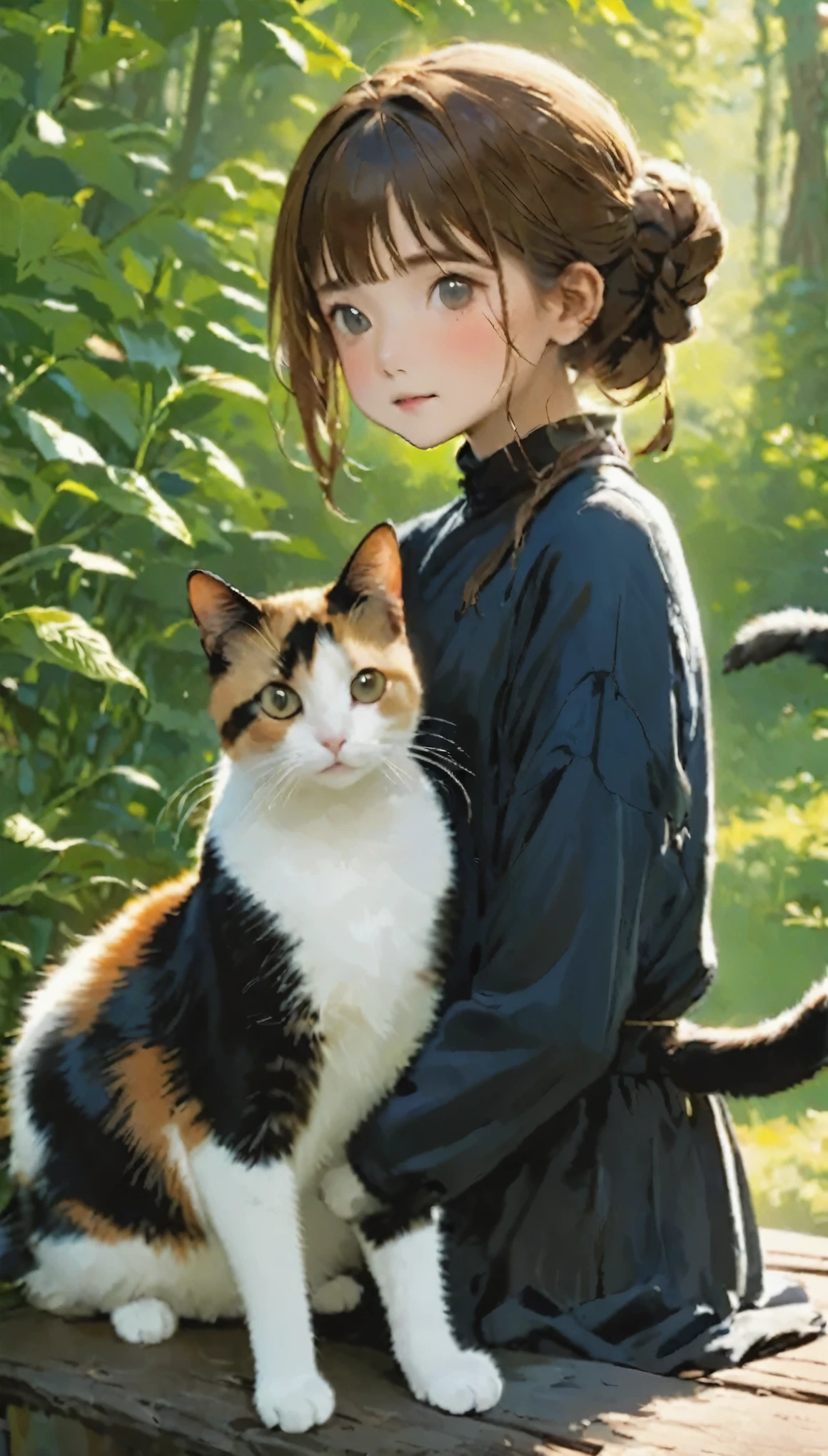 highest quality、girl holding a calico cat、e 14 rl、Bun hair with brown hair tied、Black cat、natureな見た目、Long Shot、nature