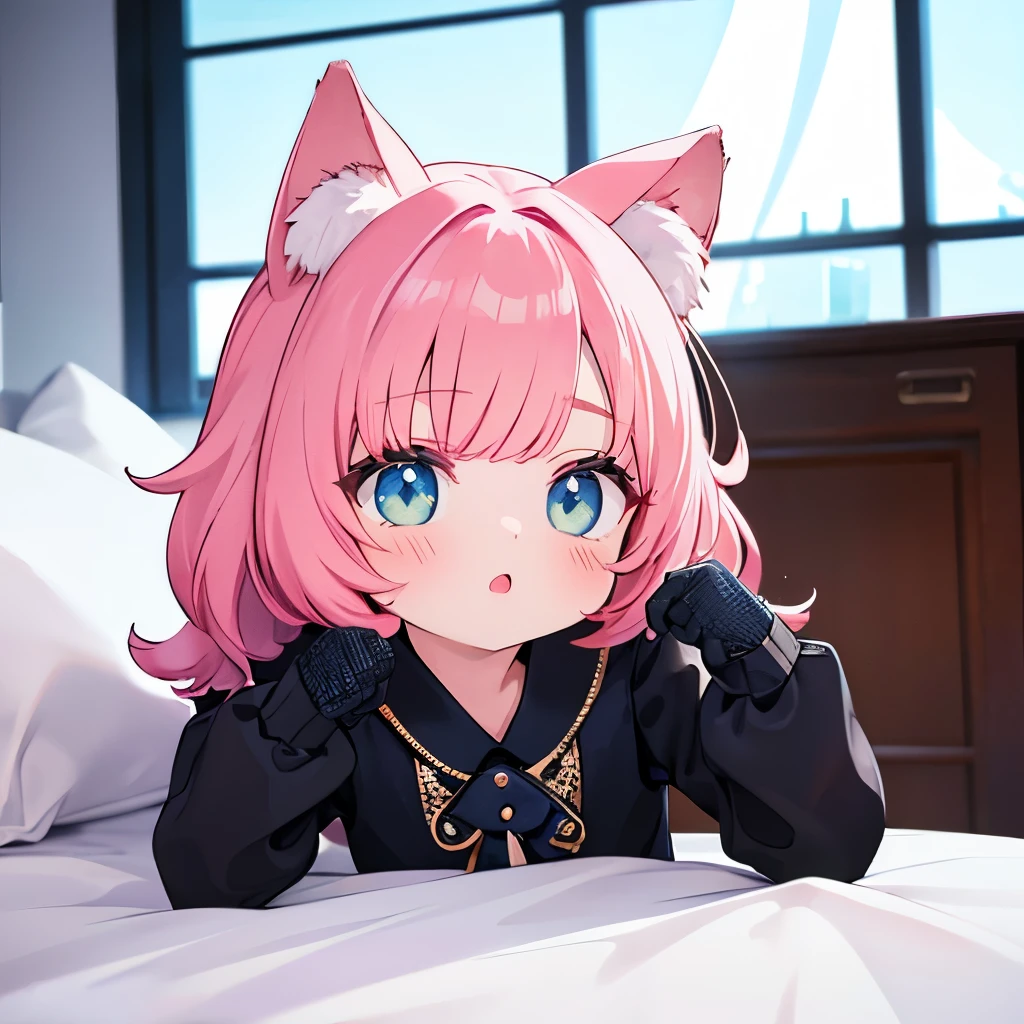 A girl, Height 150 cm, Cat ear, Catwoman，(best quality,4k,8K,high resolution,masterpiece:1.2),Very detailed,(Practical,photoPractical,photo-Practical:1.37),HDR,super high quality,Studio Lighting,Ultra-fine,Stay focused,Physically Based Rendering,Very detailed的描述,professional,Vibrant colors,Bokeh,portrait,Anime style，charming的,Kawaii,charming的,elegant,beautiful,charming，full-body shot，JK，White，The correct number of limbs，correct number of fingers，Reasonable body proportions，Delicate face，Correct limb length，The face is rich in detail，Sitting on the bed
