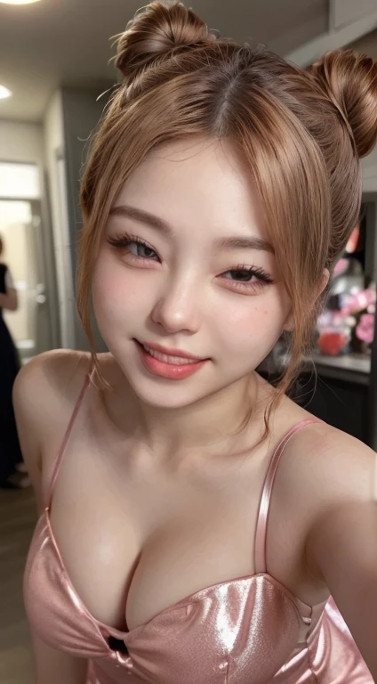 (Evening Party Venue,crowd), One girl:1.3,  (Light Pink):1.5, The body is slim, Tight ass, Perfect body, (Huge breasts), (Thighs), ((Close one eye and wink:1.5)), (China dress, Shiny:1.5), Showing cleavage, Dark brown hair, Hair Bun, (Natural skin texture, 細部までこだわったShiny肌, Shinyリップグロス, Laughing happily, Perfect Face, Cute Face, Thin lips, Small face, (8k, High resolution, highest quality, masterpiece:1.2),  High resolution, highest quality, Hyperrealism, (Realistic:1.3), Intricate and detailed, Ultra Sharpness, Depth of written boundary, Look forward,