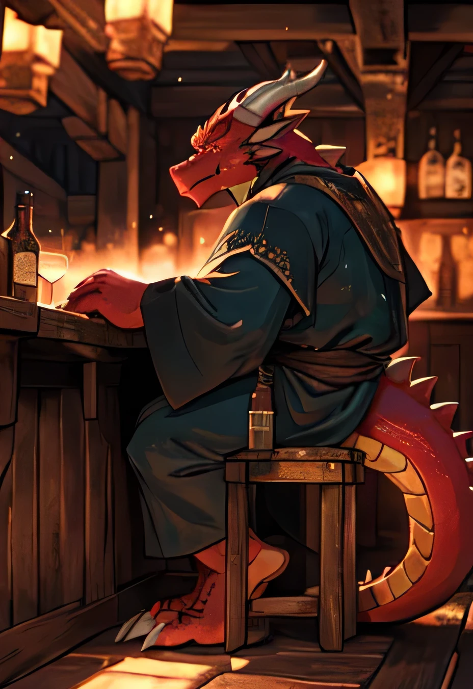 solo, kemono, (dragon), anthro, male, (red body)), scales, tail, muscles, handsome, robe, medieval, fantasy, tavern, inside, lit, night, bar, tavern, camp, stars, sitting, toe claws, epic, depth of field, perfect lighting, (light particles),(best quality),(masterpiece),(ultra detailed),sharp focus,light particles
