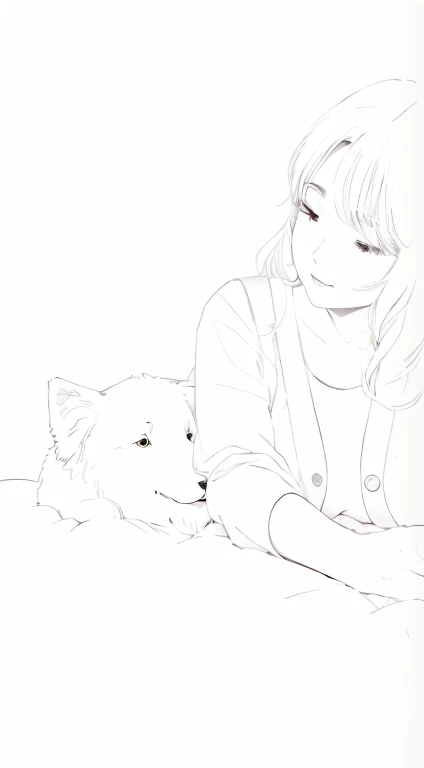 Woman and dog lying in bed, Line art!!, Line art, Line art!!, by Naka Bokunen, Line art, illustration Line art style, Line art - n 9, Line art illustration, simple Line art, perfect Line art, thick Line art, clean Line art, simple Line art, intense Line art, thick Line art Woman and golden retriever
