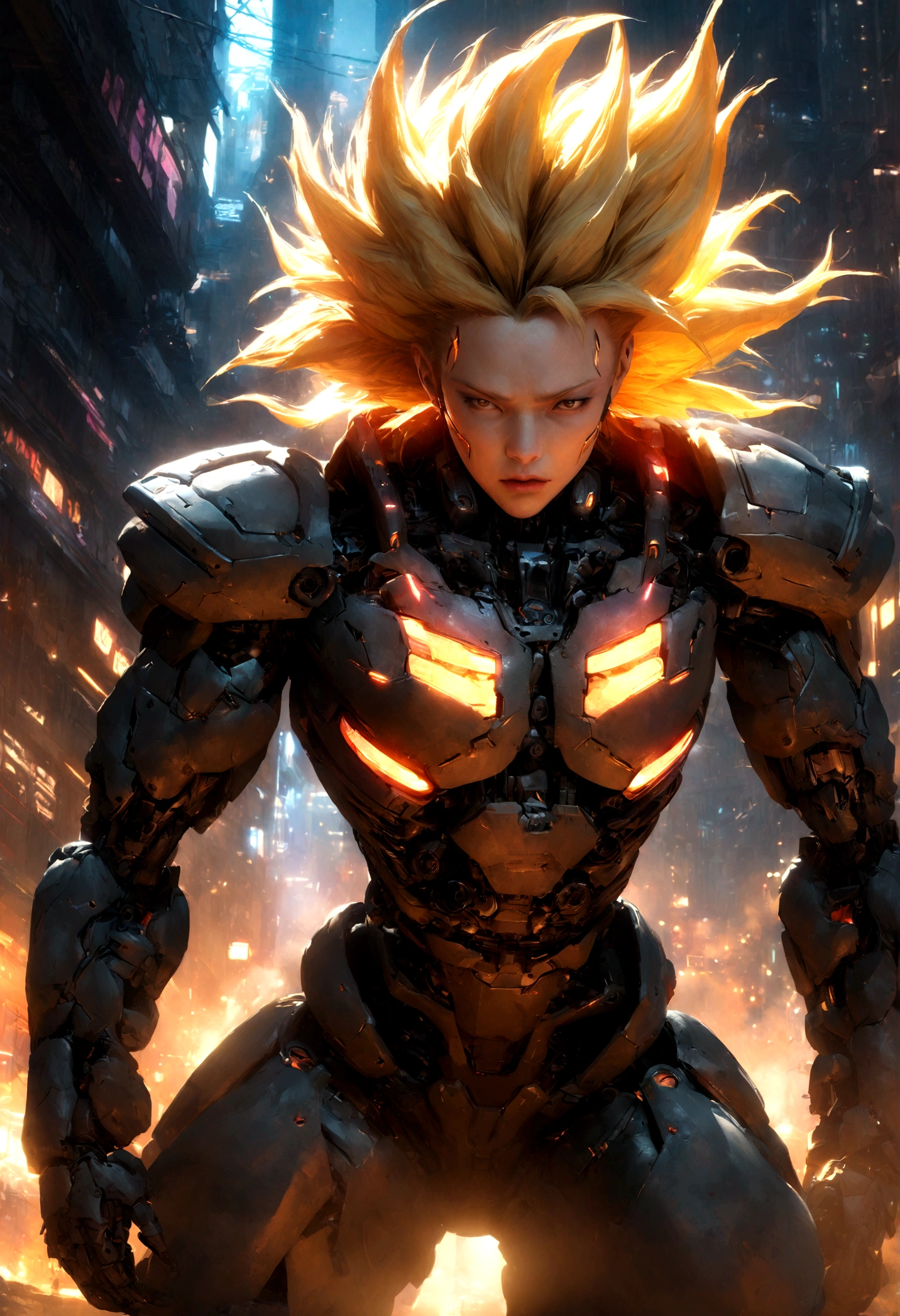 a super saiyan cyborg, highly detailed, Golden hair, hyperrealistic, cinematic lighting, dramatic, gritty, moody, neon lights, glowing energy aura, intense expression, mechanical parts, cyberpunk style, advanced technology, futuristic, volumetric fog, dynamic pose, 8k, photorealistic, unreal engine, concept art style, futuristic urban background