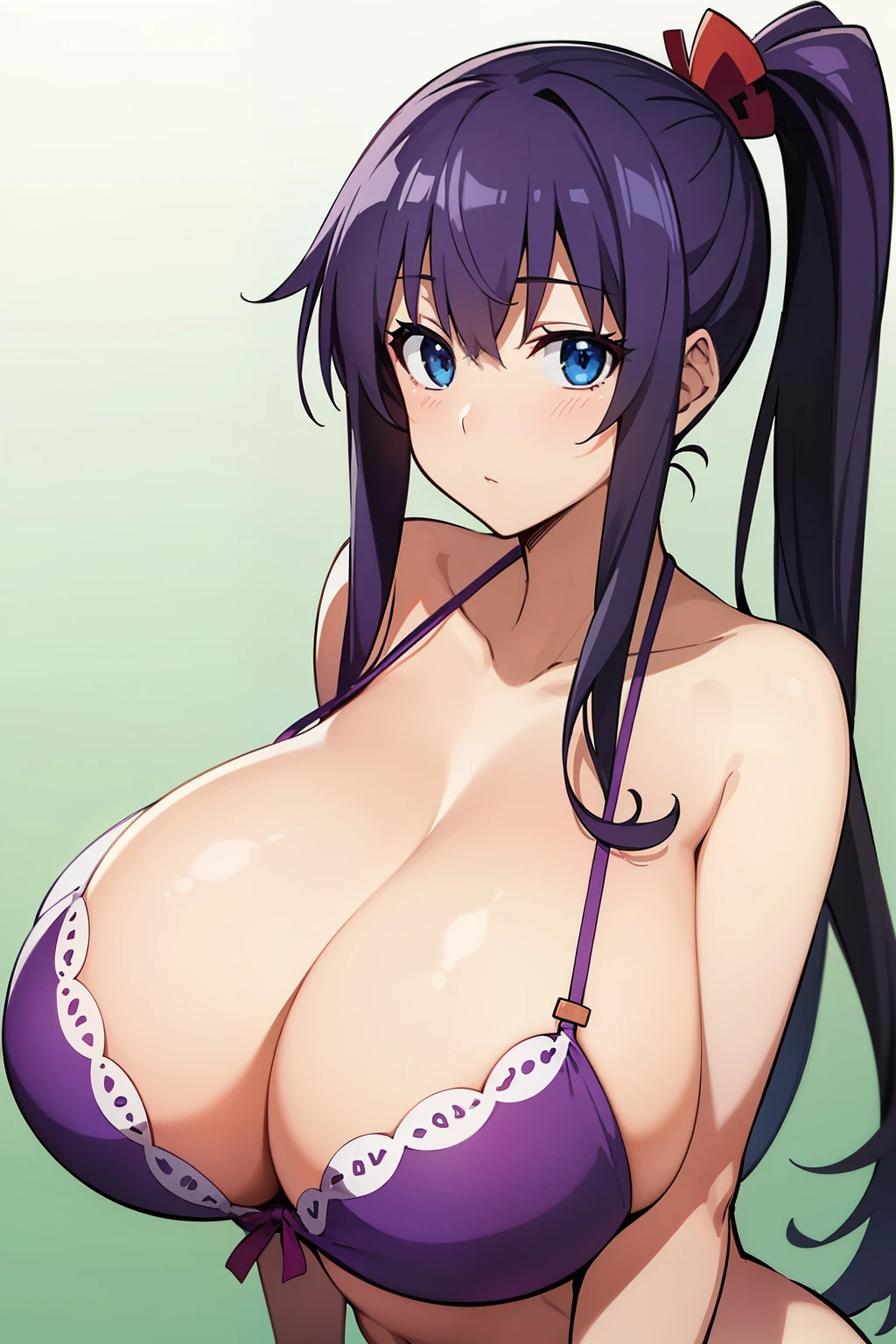 gigantic breasts, Anime cel drawing style, Best Quality, High resolution, gigantic breasts:1.8, bra, blue eyes, Purple hair, Bangs, Side Ponytail, Hair Ornament