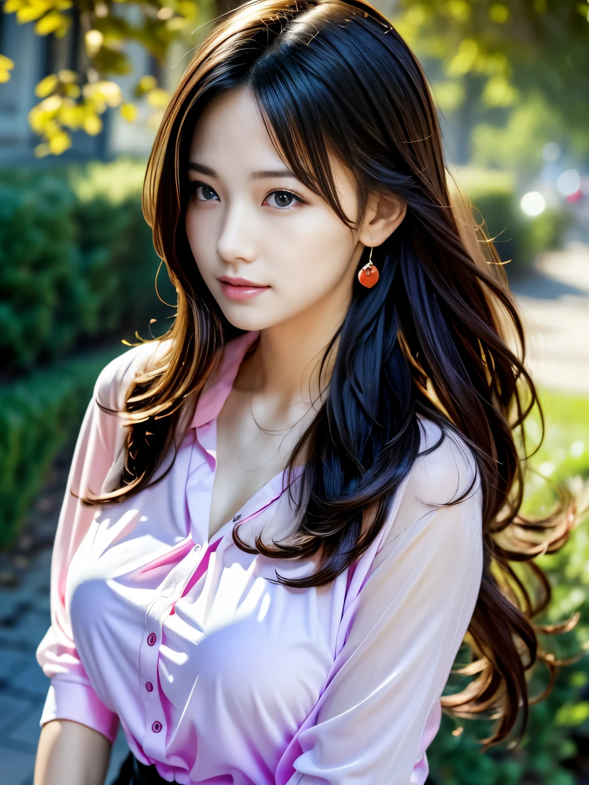 highest quality, One girl, (Skin Hollow), (Large Breasts), (Day), bright, Background Blur, Outdoor, (street:0.6), (hair:1.5), (blouse:1.5), nice, (hair Float:1.5), Soft Light, Wind, garden, street, Big firm Breasts, hard nipples, Sexy, Sharp Eyes, Break, dynamic sexy poses, sweat, Add light purple and purple, Add Light Red, Intricate details, Splash screen,