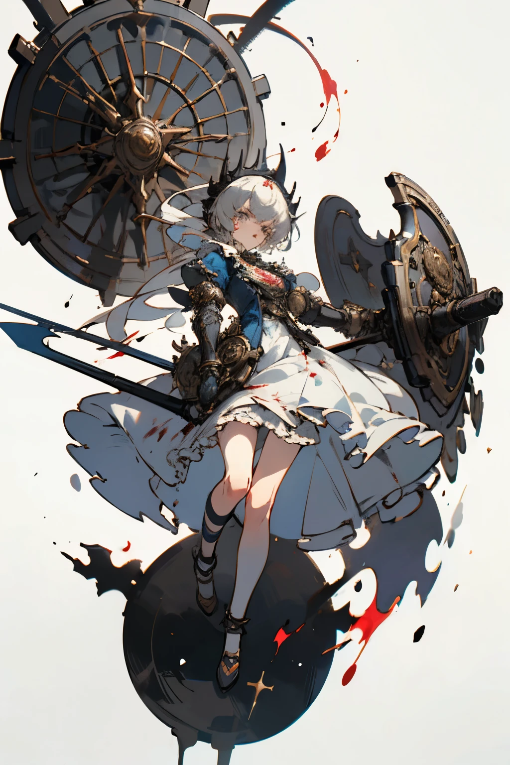 ((best quality)), ((masterpiece)), (detailed), perfect face ((best quality)), ((masterpiece)), (detailed), blank white background, plain background, white background, Bloodborne inspired, occult aesthetic, occult, detailed and intricate steampunk and detailed gothic, (zentangle, mandala, tangle, entangle), NSFW, torn clothing, Very dramatic and cinematic lighting, cosmic horror, grim-dark, side-lighting, perfect face, a beautiful goddess adorned and enshrined in armour, Bloodborne inspired , occult aesthetic , occult , detailed and intricate steampunk and detailed gothic , wielding a sword and holding a shield, NSFW, Fluttering lace flared short dress with frilly petticoats, knee length dress, pleated petticoats, ta dress, petticoats gothic loliside-lighting, gothic lolita aetic, beautiful small breasts, small breasts, full body, whole body, body, plain background, white background, blank background, no background, white background NSFW, full body, whole body, head-to-toe