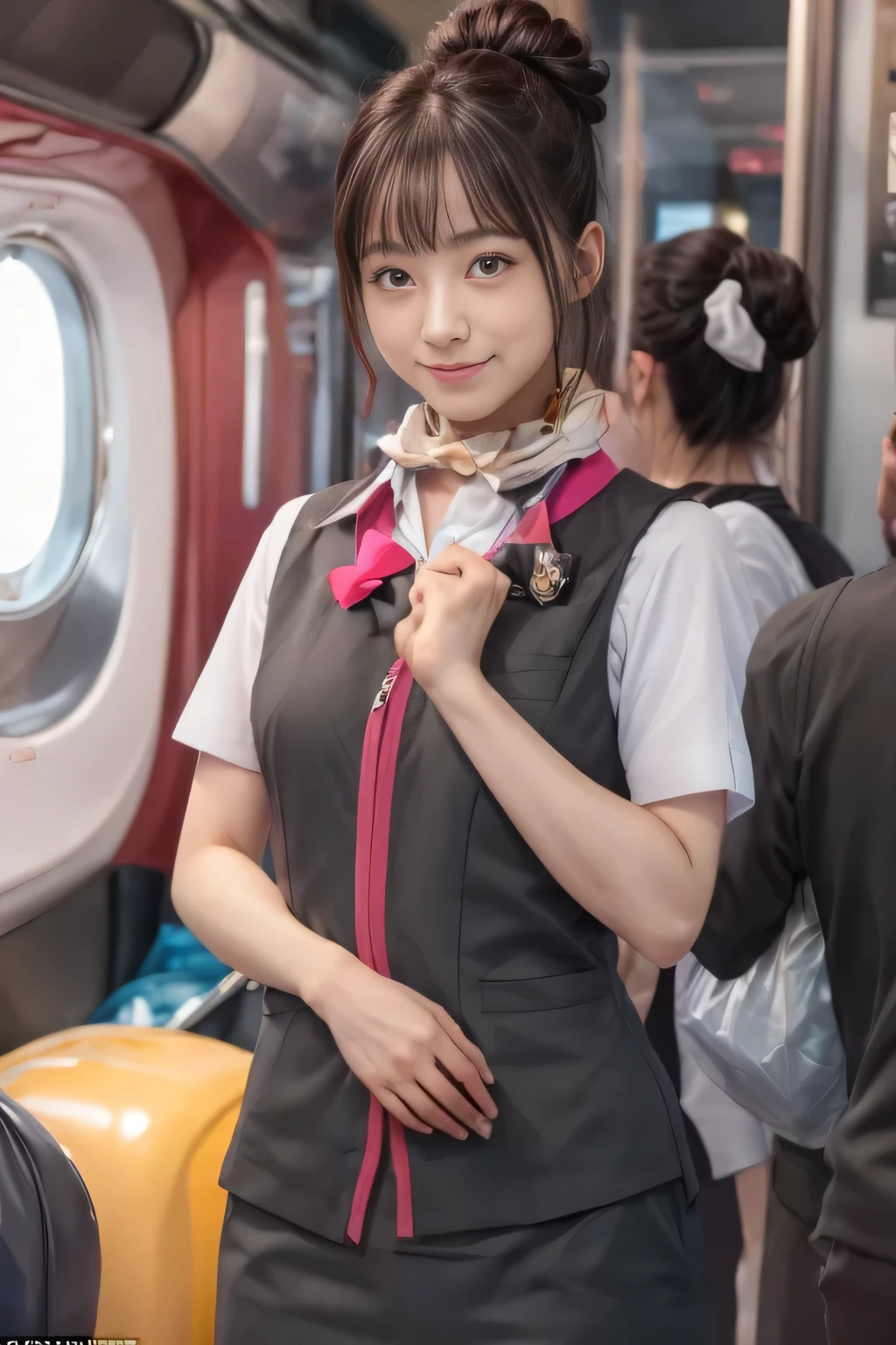 (masterpiece:1.2, highest quality:1.2), 32K HDR, High resolution, (alone、1 girl)、(At the station platform、Professional Lighting)、Background of an empty station platform、(Realistic style of JR Gran Class crew wearing uniform)、Short sleeve blouse、a scarf around the neck、(JR Gran Class flight attendant uniform with pink parts on the skirt sleeves)、(JR Gran Class flight attendant uniform with pink line on front zipper of vest)、Dark brown hair、(Hair tied up、Hair Bun、Hair Bun)、Dark brown hair、Long Shot、Big Breasts、((Great hands:2.0)),((Harmonious body proportions:1.5)),((Normal limbs:2.0)),((Normal finger:2.0)),((Delicate eyes:2.0)),((Normal eyes:2.0)))、Luxury Necklace、smile、Beautiful standing posture,Place your hands around your stomach