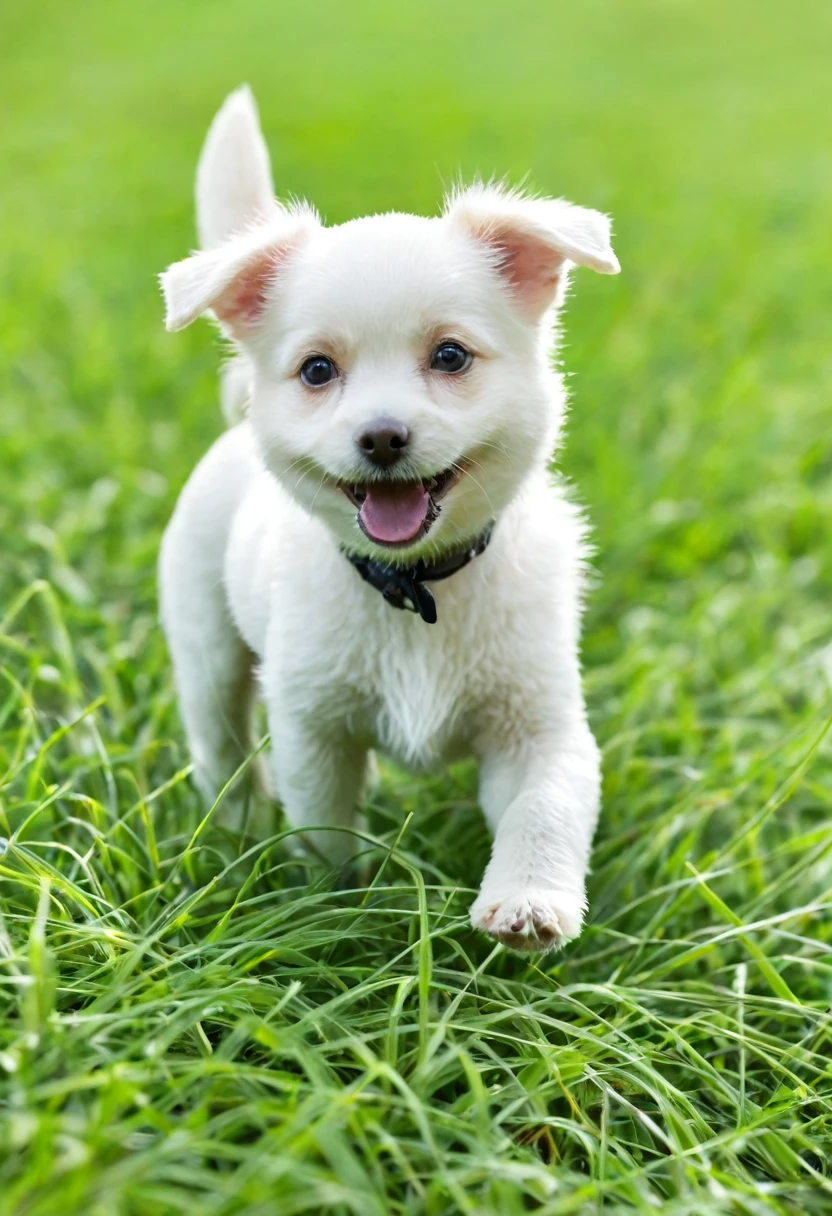 A little dog is playing on the grass