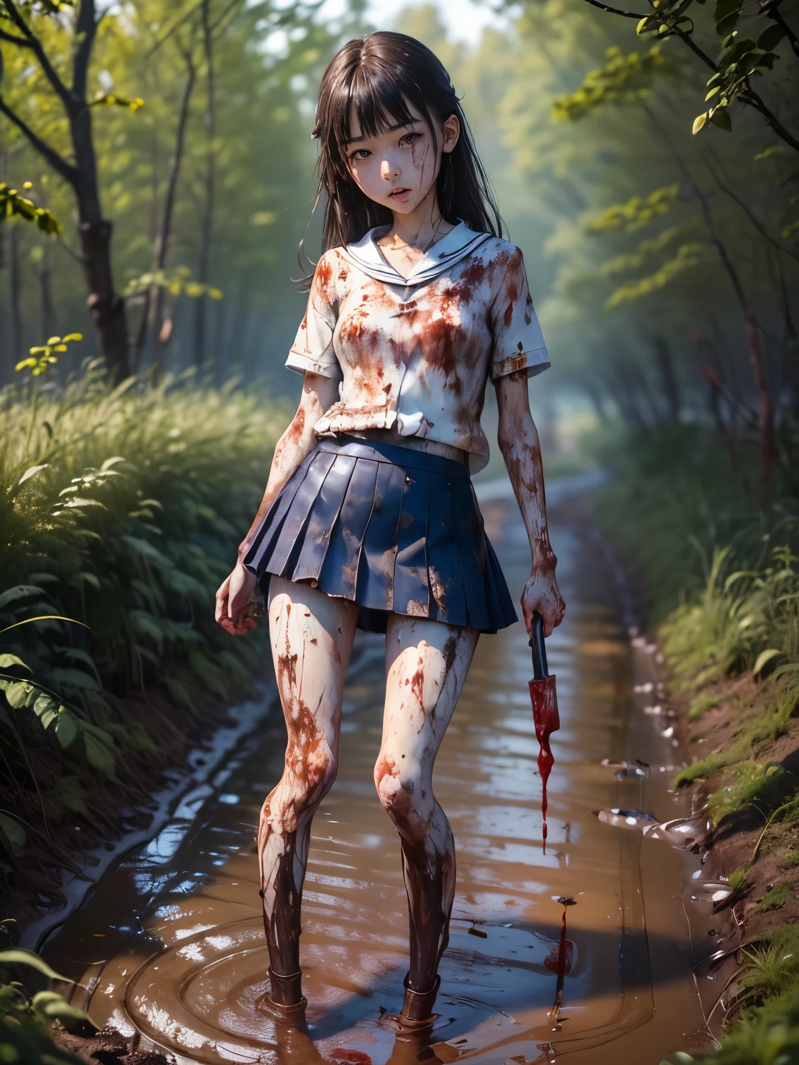 (8K、RAW Photos、highest quality、masterpiece:1.2), (Realistic、Photorealistic:1.2), High resolution skin, One Girl, Iris, Japanese, (Slender girl:1.3), Beautiful girl, (Thin legs:1.5),dark blue skirt,(short skirt:1.2),sailor suit,( White high socks:1.2), Short sleeve,sneakers, whole body,(soil ground:1.1),(standing),(muddy:1.2),(wounds,bloody legs:1.6)