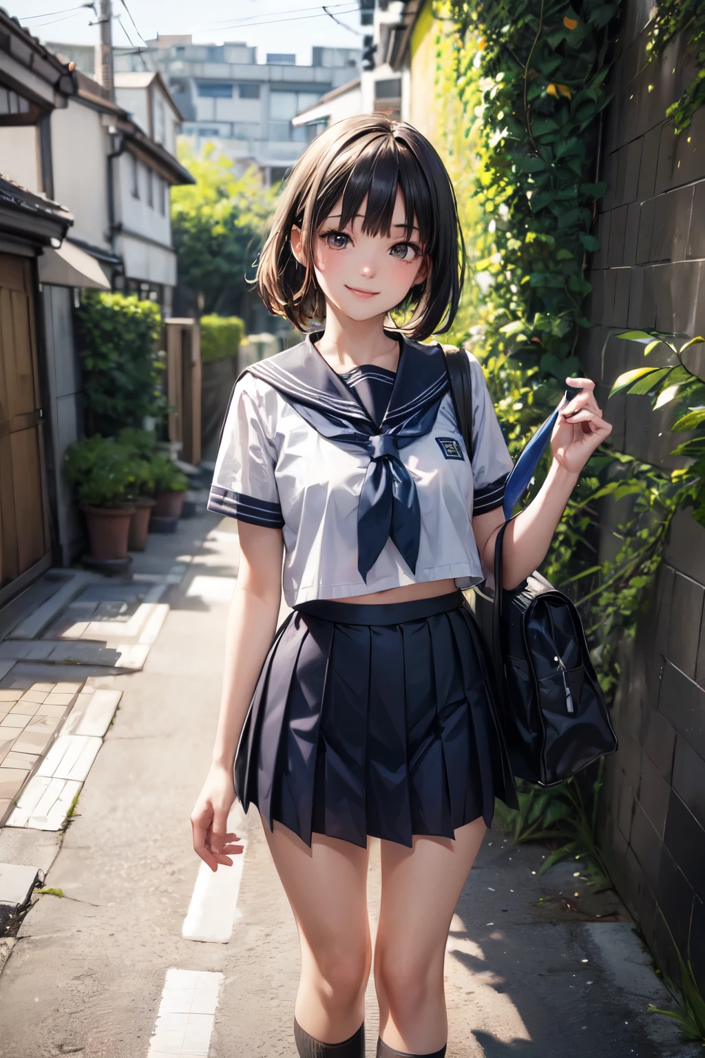 very cute and beautiful girl,(highly detailed beautiful face),(smile),looking at viewer,
black hair,serafuku,(pleated navyblue mini skirt),standing,holding school bag,
narrow alley in tokyo,stone wall in front of modern building,trees,shrubbery,
(best quality,masterpiece),absurdres,highres,ultra-detailed,extremely detailed,32k,8k resolution,
intricate details,cinematic scene,detailed background,solo,dynamic angle,realistic,
