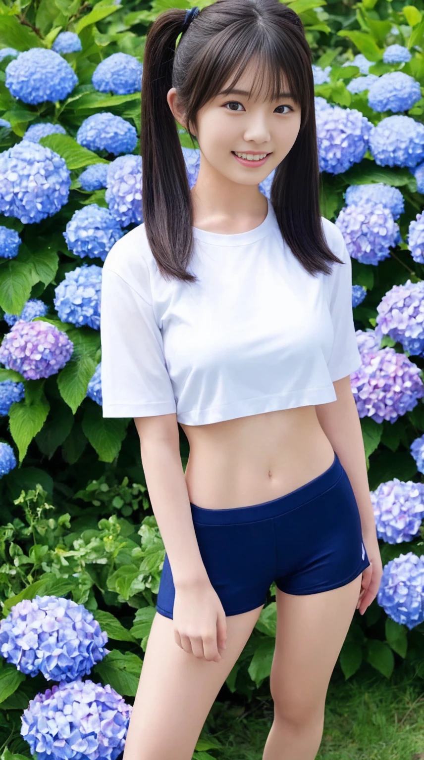 最high quality、high quality、Best image quality、8k,Japanese female students in gym clothes, White short sleeve shirt:1.2,Navy blue short bloomers:1.2,The base of the legs is visible:1.2,Thighs look good:1.5,Strong sweat and humidity, Her clothes are see-through、It clung tightly to her body,Her breasts are of a moderate size, The shape is slightly visible through the damp fabric,Twin tails:1.4,smile、最High resolution、High resolution、最high quality、masterpiece、RAW Photos、whole body写真、Detailed and realistic human body、Detailed and realistic skin、Realistic face in every detail、Detailed and realistic eyes、Detailed and realistic lips、Detailed and realistic teeth、Detailed and realistic ears、Detailed and realistic hair、Detailed and realistic weapons、Realistic reproduction of every detail、Realistic fingers in every detail、(Beautiful Hands、thumb１reference４)、Realistic feet down to the last detail、((Beautiful Japanese Woman))、(Japanese Model)、((21 year old beautiful woman))、(Black Hair)、(Straight hair)、((whole body))、(Slim and perfect figure)、(whole body光沢肌、Fair skin)、Detailed and realistic human body、Detailed and realistic skin、Realistic face in every detail、Detailed and realistic weapons、Realistic fingers in every detail、Detailed realistic feet、Soft natural light、A 360-degree view of hydrangea fields、((Standing in the middle of a hydrangea field(A girl surrounded by hydrangeas 360 degrees))、Poses to make your thighs look beautiful