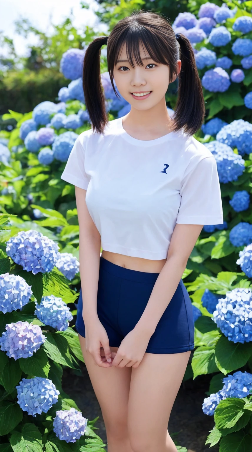 最high quality、high quality、Best image quality、8k,Japanese female students in gym clothes, White short sleeve shirt:1.2,Navy blue short bloomers:1.2,The base of the legs is visible:1.2,Thighs look good:1.5,Strong sweat and humidity, Her clothes are see-through、It clung tightly to her body,Her breasts are of a moderate size, The shape is slightly visible through the damp fabric,Twin tails:1.4,smile、最High resolution、High resolution、最high quality、masterpiece、RAW Photos、whole body写真、Detailed and realistic human body、Detailed and realistic skin、Realistic face in every detail、Detailed and realistic eyes、Detailed and realistic lips、Detailed and realistic teeth、Detailed and realistic ears、Detailed and realistic hair、Detailed and realistic weapons、Realistic reproduction of every detail、Realistic fingers in every detail、(Beautiful Hands、thumb１reference４)、Realistic feet down to the last detail、((Beautiful Japanese Woman))、(Japanese Model)、((21 year old beautiful woman))、(Black Hair)、(Straight hair)、((whole body))、(Slim and perfect figure)、(whole body光沢肌、Fair skin)、Detailed and realistic human body、Detailed and realistic skin、Realistic face in every detail、Detailed and realistic weapons、Realistic fingers in every detail、Detailed realistic feet、Soft natural light、A 360-degree view of hydrangea fields、((Standing in the middle of a hydrangea field(A girl surrounded by hydrangeas 360 degrees))、Poses to make your thighs look beautiful