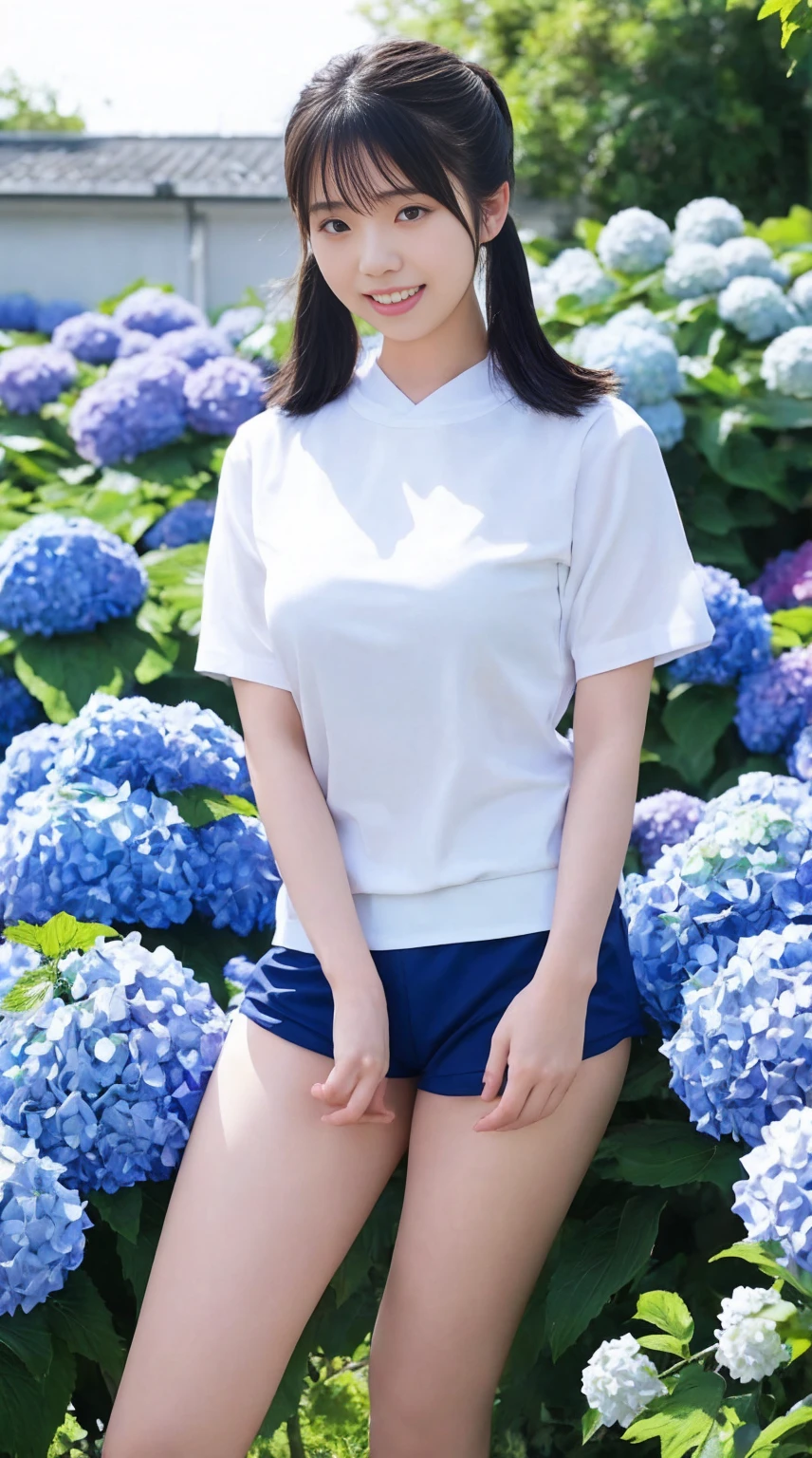 最high quality、high quality、Best image quality、8k,Japanese female students in gym clothes, White short sleeve shirt:1.2,Navy blue short bloomers:1.2,The base of the legs is visible:1.2,Thighs look good:1.5,Strong sweat and humidity, Her clothes are see-through、It clung tightly to her body,Her breasts are of a moderate size, The shape is slightly visible through the damp fabric,Twin tails:1.4,smile、最High resolution、High resolution、最high quality、masterpiece、RAW Photos、whole body写真、Detailed and realistic human body、Detailed and realistic skin、Realistic face in every detail、Detailed and realistic eyes、Detailed and realistic lips、Detailed and realistic teeth、Detailed and realistic ears、Detailed and realistic hair、Detailed and realistic weapons、Realistic reproduction of every detail、Realistic fingers in every detail、(Beautiful Hands、thumb１reference４)、Realistic feet down to the last detail、((Beautiful Japanese Woman))、(Japanese Model)、((21 year old beautiful woman))、(Black Hair)、(Straight hair)、((whole body))、(Slim and perfect figure)、(whole body光沢肌、Fair skin)、Detailed and realistic human body、Detailed and realistic skin、Realistic face in every detail、Detailed and realistic weapons、Realistic fingers in every detail、Detailed realistic feet、Soft natural light、A 360-degree view of hydrangea fields、((Standing in the middle of a hydrangea field(A girl surrounded by hydrangeas 360 degrees))、Poses to make your thighs look beautiful