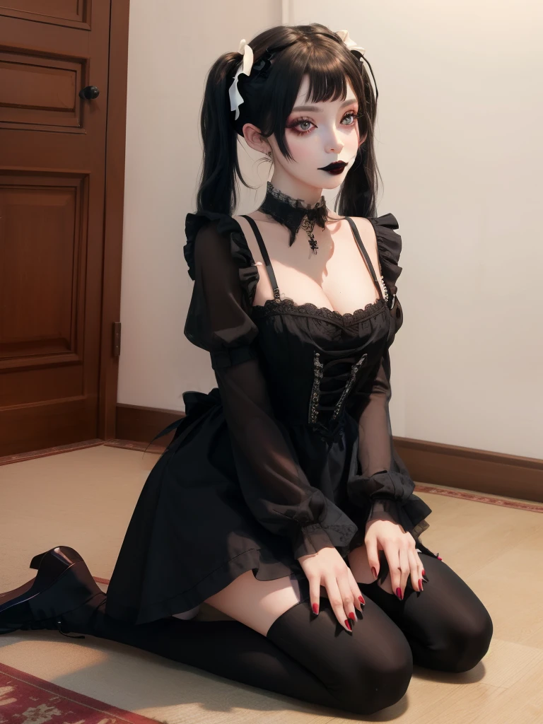 woman, pigtails, goth, goth makeup, eyeliner, pale skin, black lipstick, black and white french maid dress, indoors, long sleeves, kneeling, leggings, black fingernails