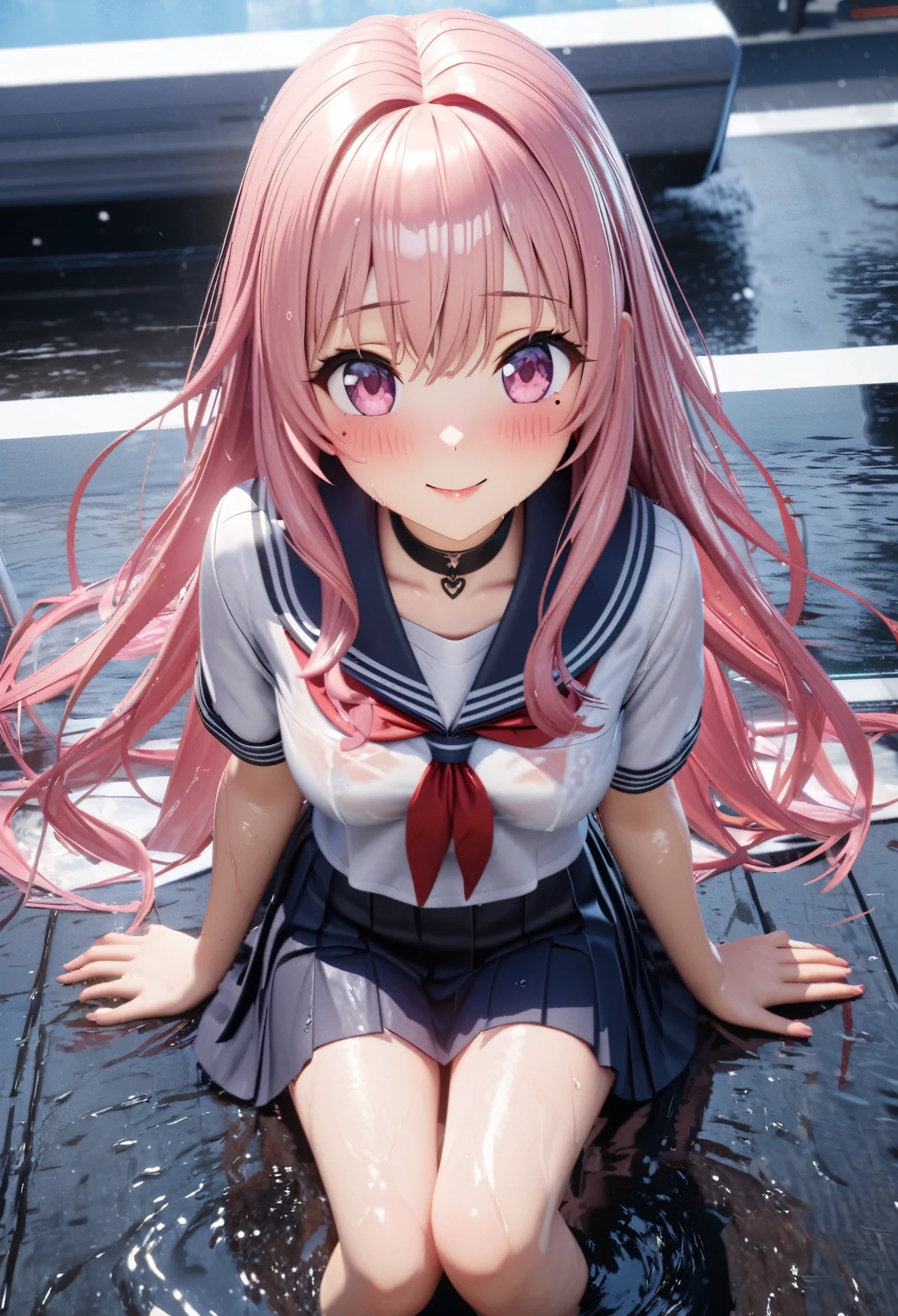 masterpiece, best quality, very detailed, high resolution, expensive solution, high resolution, 4k, 8k, Unity 8k wallpaper, highly detailed CG, masterpiece, 2d, 3d, beautiful details, depth, fine texture, best quality: 1.3, total concentration, transparent skin, him, very cute anime girl, expensive pink long hair, one girl, high school sailor uniform, on the way home from school, it was raining heavily and she was soaking wet. The sailor uniform was see-through, her hair was soaking wet, smiling long pink hair, full body, on the way home from school, heavy rain, mole under eye, gaze, expensive, blush, lips parted, heart, pink eyes, choker