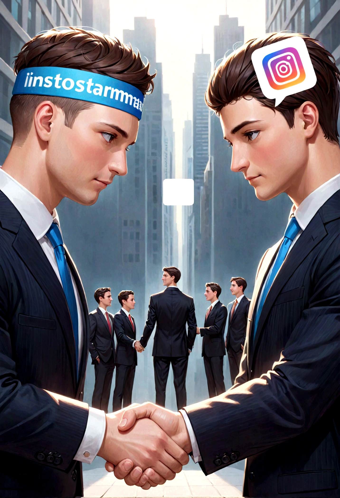 A businessman with an Instagram logo instead of his head shakes hands with another person with a video logo on his head