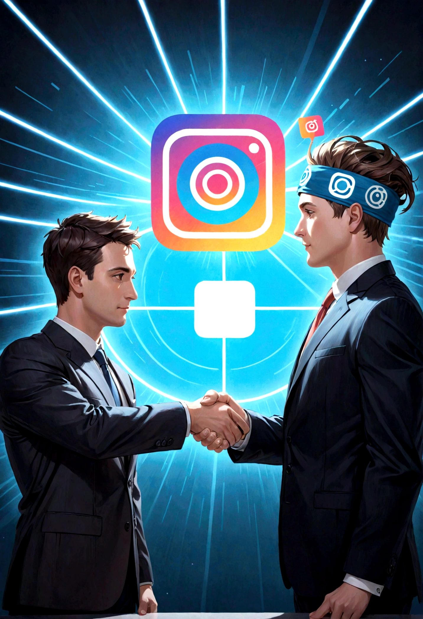 A businessman with an Instagram logo instead of his head shakes hands with another person with a video logo on his head