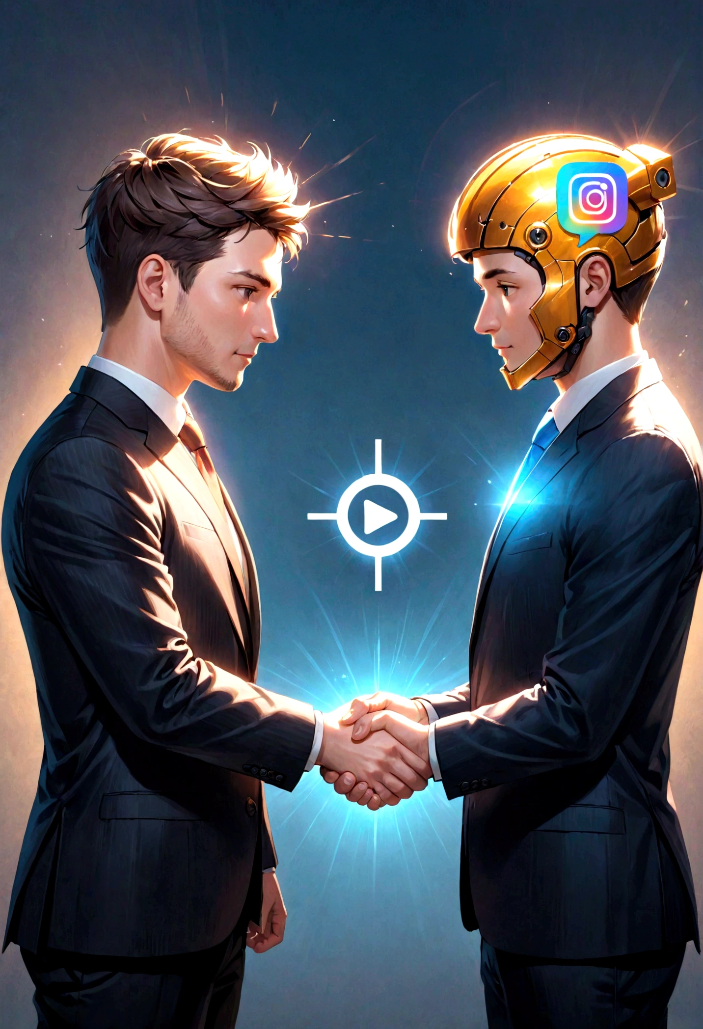 A businessman with an Instagram logo instead of his head shakes hands with another person with a video logo on his head