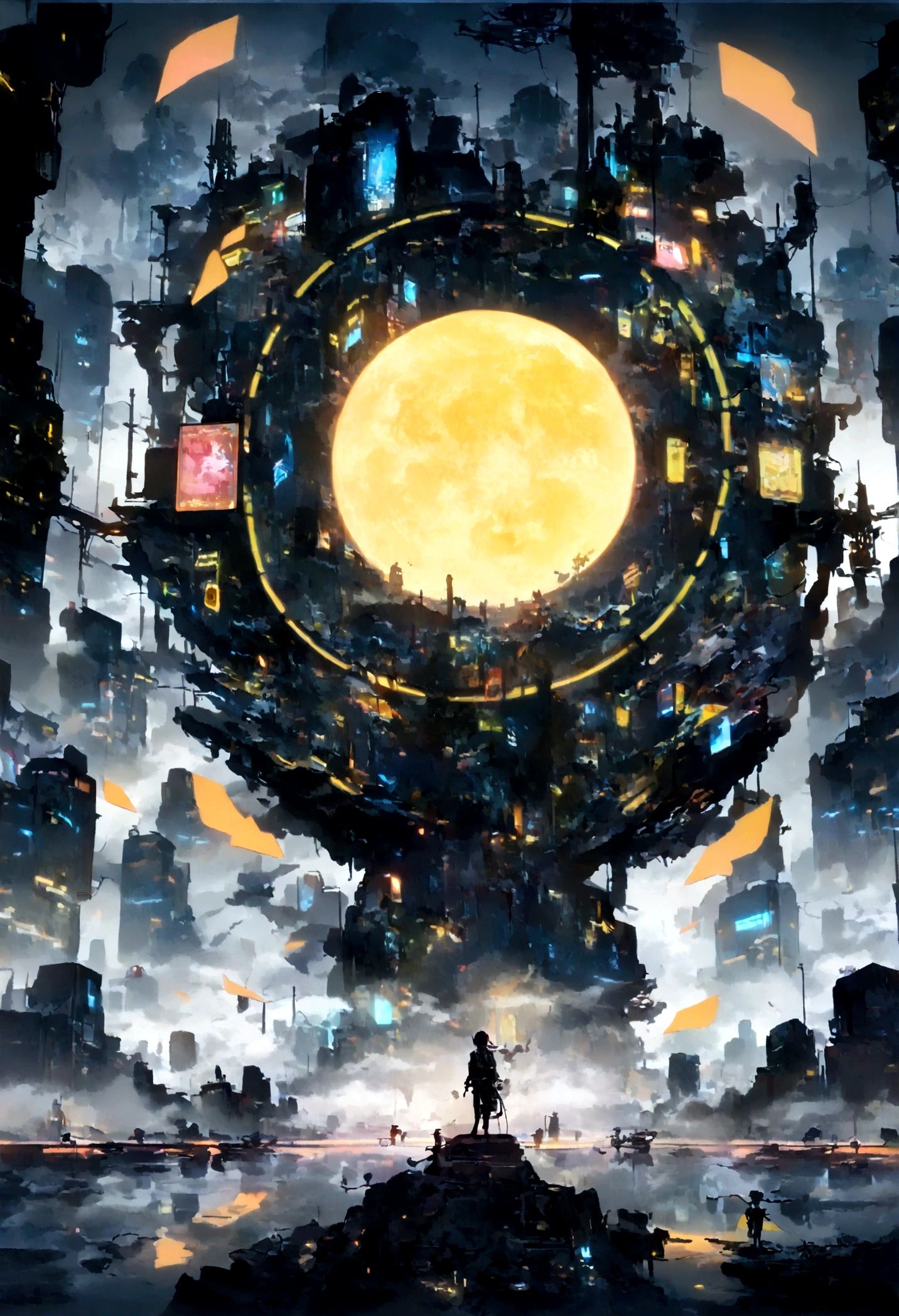 several friends of the future standing in a panoramic cyberpunk street , outdoors , night , dream ,( dense fog :1.4), circular massive yellow moon, sky , gold decoration, Chinese panoramic cyberpunk art, movie poster , a minimalist background ,high-tech, graffiti, futuristic gadgets, cinematic, ultra-detailed, high-tech implants, augmented reality, vintage futurism, pan futurism, dystopian cyberpunk, neon-lit urban landscape