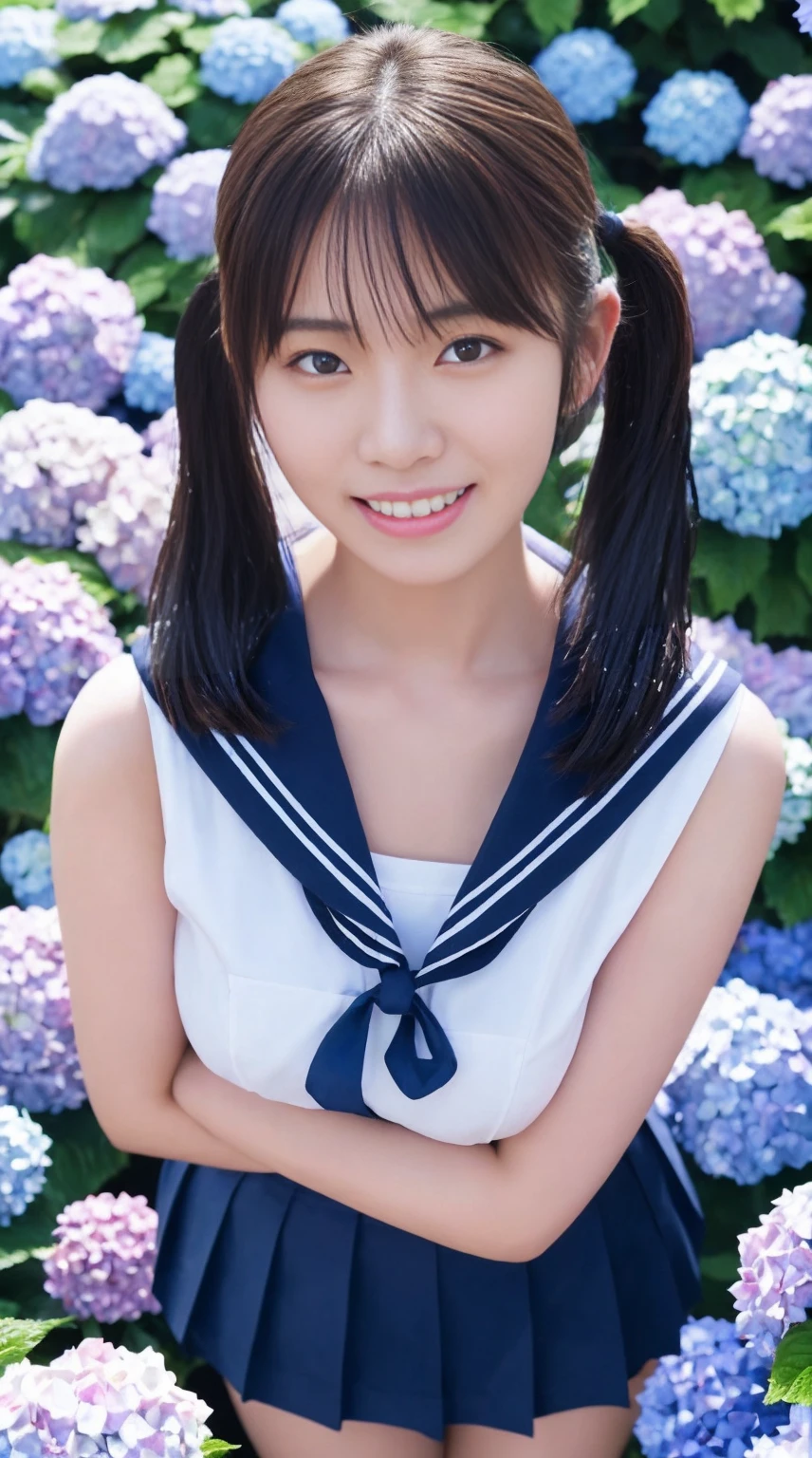 最high quality、high quality、Best image quality,Very small sailor suit:1.5、Tight sailor suit:1.5,The sailor uniform is wet and sticks to my chest:1.5,(Large Breasts),Summer clothes、pleated mini skirt、Twin tails、smile、,最High resolution、High resolution、最high quality、masterpiece、RAW Photos、whole body写真、Detailed and realistic human body、Detailed and realistic skin、Realistic face in every detail、Detailed and realistic eyes、Detailed and realistic lips、Detailed and realistic teeth、Detailed and realistic ears、Detailed and realistic hair、Detailed and realistic weapons、Realistic reproduction of every detail、Realistic fingers in every detail、(Beautiful Hands、thumb１reference４)、Realistic feet down to the last detail、((Beautiful Japanese Woman))、(Japanese Model)、((21 year old beautiful woman))、(Black Hair)、(Straight hair)、((whole body))、(Slim and perfect figure)、(whole body光沢肌、Fair skin)、Detailed and realistic human body、Detailed and realistic skin、Realistic face in every detail、Detailed and realistic weapons、Realistic fingers in every detail、Detailed realistic feet、Soft natural light、Japanese garden、A 360-degree view of hydrangea fields、((Standing in the middle of a hydrangea field(A girl surrounded by hydrangeas 360 degrees))、Poses to make your thighs look beautiful