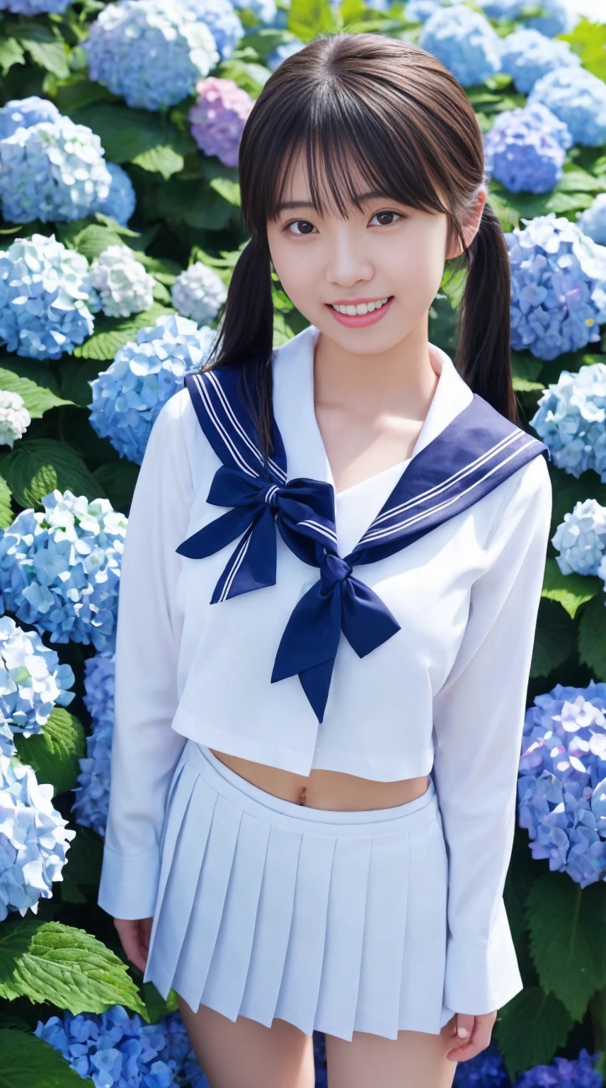 最high quality、high quality、Best image quality,Very small sailor suit:1.5、Tight sailor suit:1.5,The sailor uniform is wet and sticks to my chest:1.5,(Large Breasts),Summer clothes、pleated mini skirt、Twin tails、smile、,最High resolution、High resolution、最high quality、masterpiece、RAW Photos、whole body写真、Detailed and realistic human body、Detailed and realistic skin、Realistic face in every detail、Detailed and realistic eyes、Detailed and realistic lips、Detailed and realistic teeth、Detailed and realistic ears、Detailed and realistic hair、Detailed and realistic weapons、Realistic reproduction of every detail、Realistic fingers in every detail、(Beautiful Hands、thumb１reference４)、Realistic feet down to the last detail、((Beautiful Japanese Woman))、(Japanese Model)、((21 year old beautiful woman))、(Black Hair)、(Straight hair)、((whole body))、(Slim and perfect figure)、(whole body光沢肌、Fair skin)、Detailed and realistic human body、Detailed and realistic skin、Realistic face in every detail、Detailed and realistic weapons、Realistic fingers in every detail、Detailed realistic feet、Soft natural light、Japanese garden、A 360-degree view of hydrangea fields、((Standing in the middle of a hydrangea field(A girl surrounded by hydrangeas 360 degrees))、Poses to make your thighs look beautiful