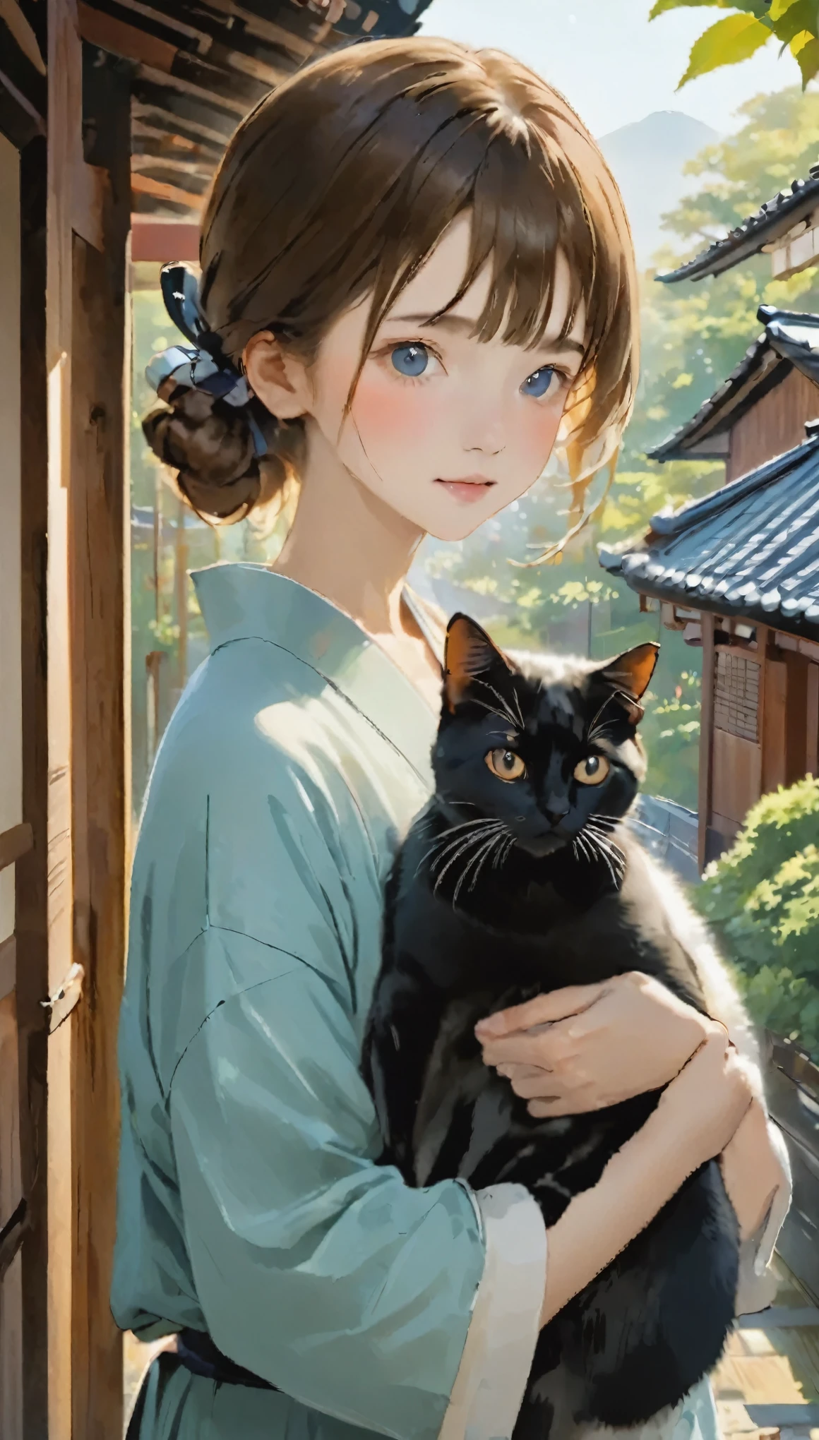 highest quality、girl holding a calico cat、Cute 14 year old girl、Bun hair with brown hair tied、Black cat、natureな見た目、Long Shot、nature、Old houses in Japan、Eaves、Veranda、Verandaに座る***と三毛猫