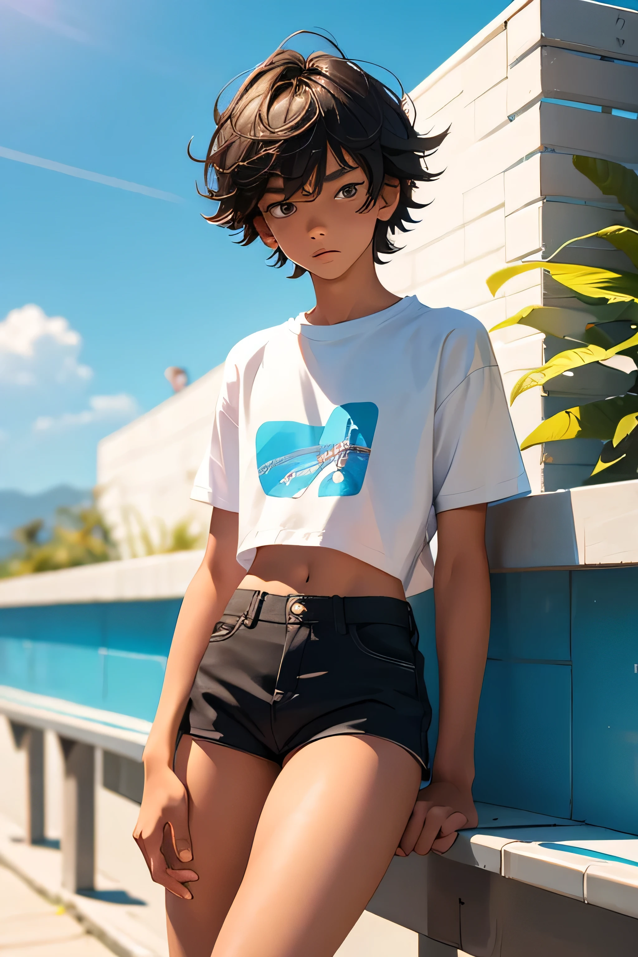 Teenage boy 15 years old, the boy is wearing a cropped shirt and too very much short mini shorts, the boy's legs are long and beautiful, his legs are very tanned, sexy teen boy, hot summer, top quality