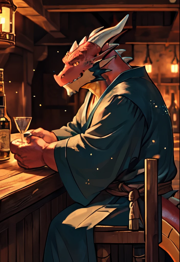 solo, kemono, (dragon), anthro, male, (red body)), scales, tail, muscles, handsome, robe, medieval, fantasy, tavern, inside, lit, night, bar, tavern, camp, stars, sitting, toe claws, epic, depth of field, perfect lighting, (light particles),(best quality),(masterpiece),(ultra detailed),sharp focus,light particles