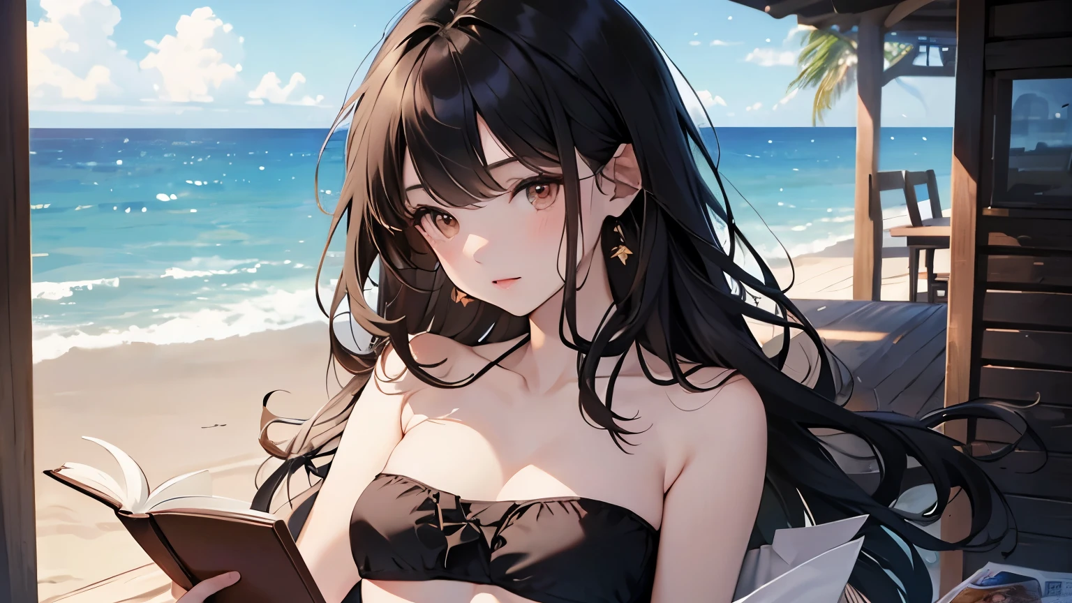 girl１people,highest quality, High resolution,thin、(delicate:1.4)、Brown eyes、expensive、7 Class-large、Black Hair、Long Hair,Straight hair、Straight hair、Ocean、(Black bandeau bikini:1.4),Gal、cute、Shyness,Reading a book
