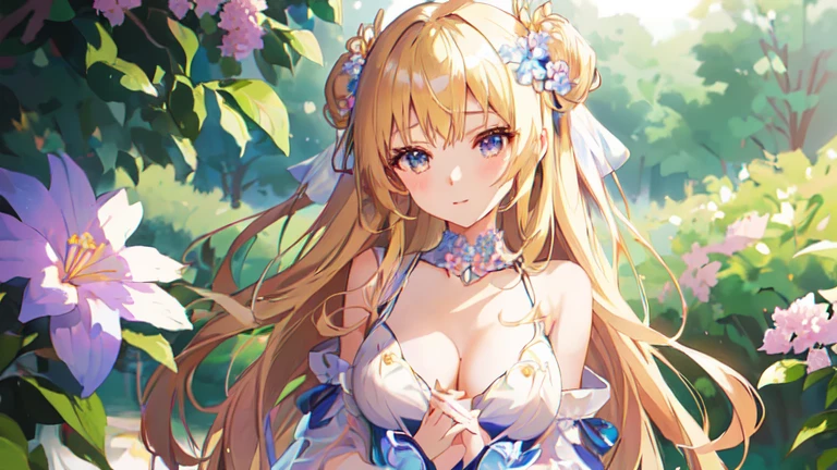 anime girl in a blue dress with long hair and a flower in her hair, seductive anime girl, anime goddess, cute anime waifu in a nice dress, beautiful anime girl, , blonde anime girl with long hair, beautiful alluring anime woman, pretty anime girl, in dress, anime visual of a cute girl, detailed digital anime art