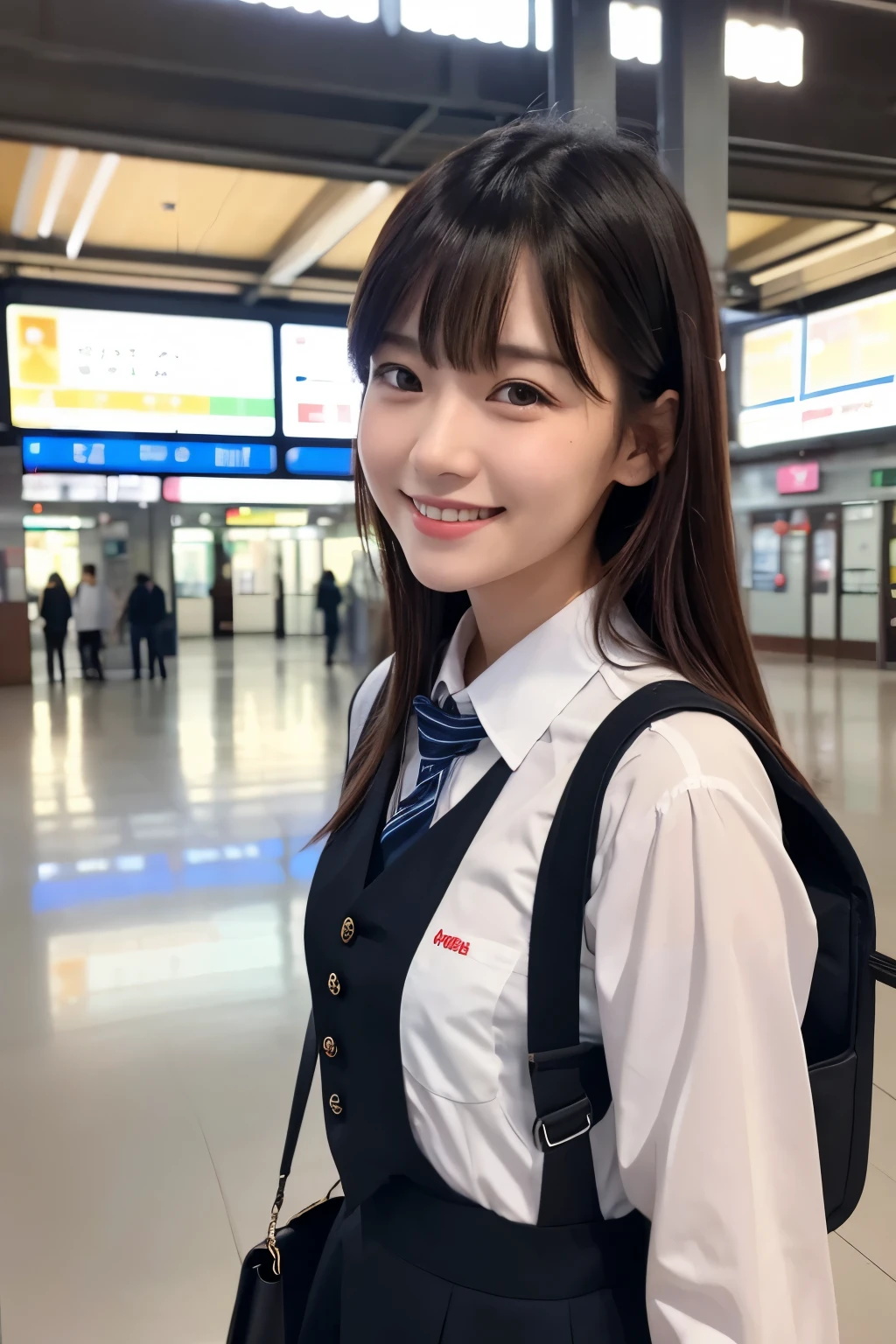 A young woman is standing in a bright public place and smiling、Wearing a uniform。Her hair is long、The bangs are cut straight、She has red ribbons on both sides of her hair。The woman is wearing a white shirt and a black vest、And he&#39;s wearing a red and black checked tie.。The skirt is also checkered.、The colours are mainly red and brown.。

Her face is bright、Creates a sense of familiarity。In the background, you can see the interior of a public facility such as a train station.、There are various signs and directions posted.。There are other people around々Moori、Everyday scenes are depicted。

The women are dressed in uniforms that combine a casual and formal atmosphere.、Overall it is clean.、It gives a sophisticated impression。