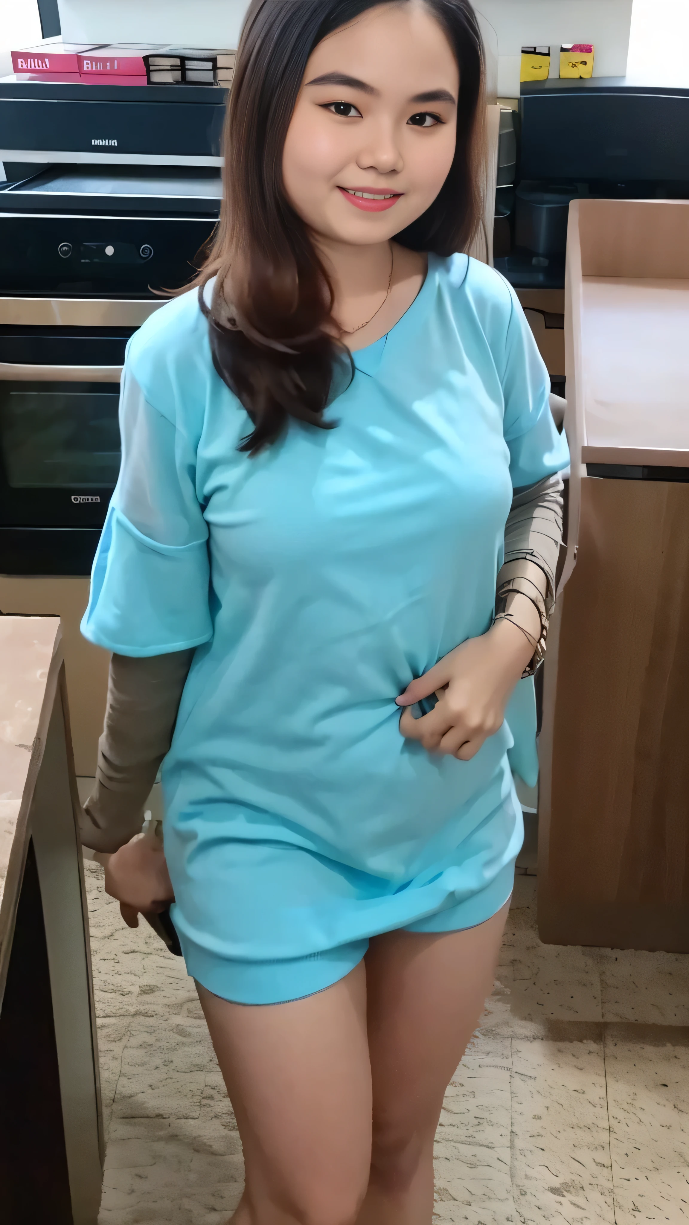 (8k, RAW photo, best quality, mastery:1.3), (realistic, photo-realistic:1.37), (looking viewer:1.331), posing Seductively, living room, soft light, 15 year old girl, short body, beautiful thighs, smaller chest, brunette hair, long hair, smile, red mini dress