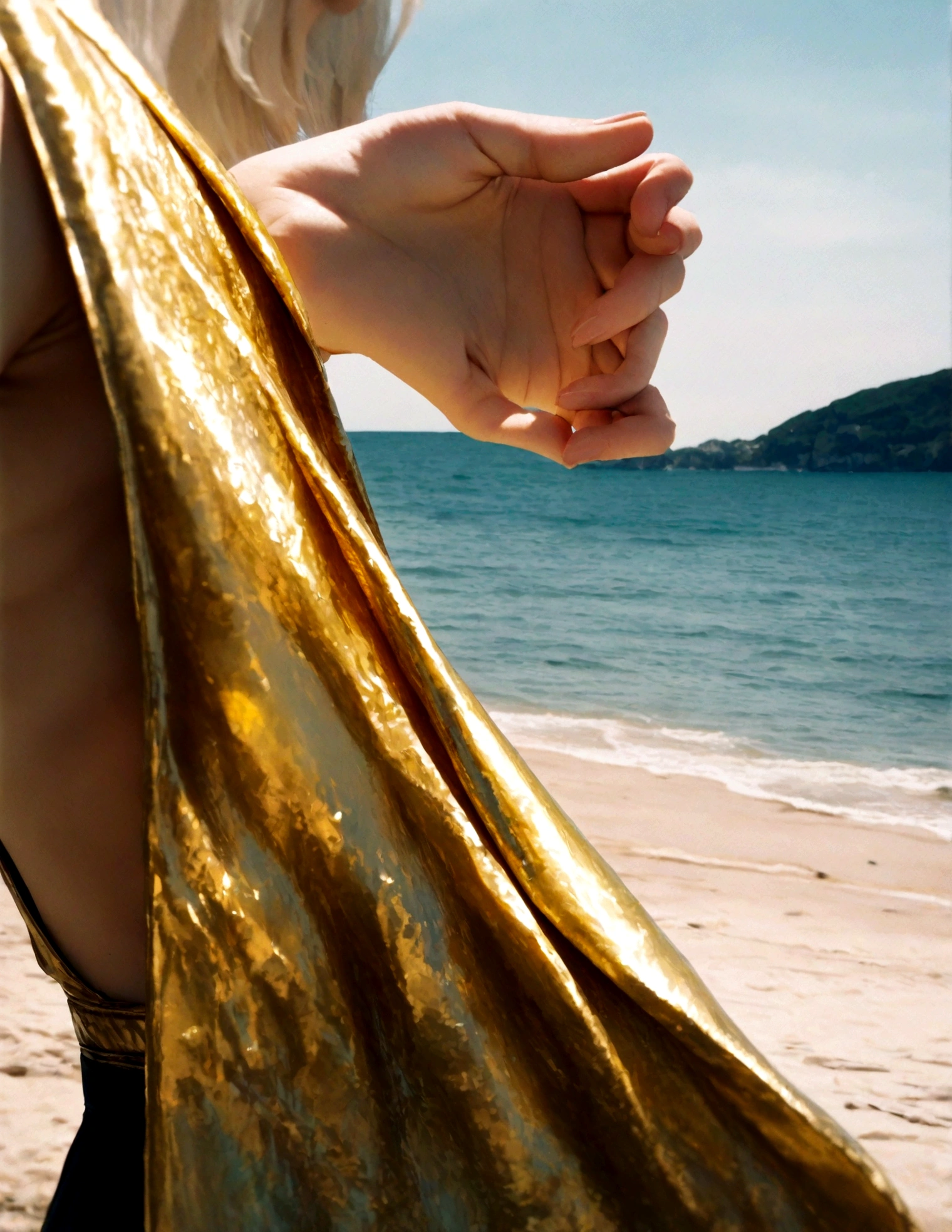 Half body shot, Gold Swimsuit, the sea in the background, Sunny day, femme cheveux bruns courts, photo de haute qualité