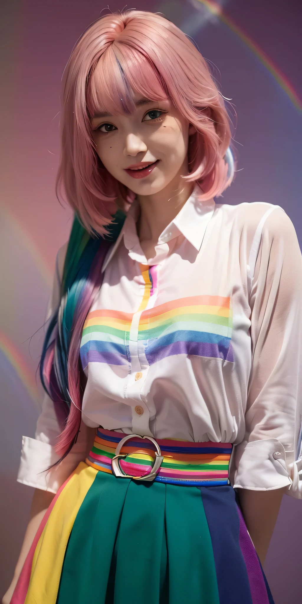 masterpiece, highest quality, best quality, 1girl, solo, looking at viewer, , tezuka rin, (armless amputee:1.2), (Pink fashion:1.9),(colored hair:1.9),(All colors of the rainbow:1.9),(Rainbow colored semi-long hair:1.7),long eyelashes,White shoulder。,White shoulder sleeve shirt,looking at the audience,blue eyes,(rainbow colour hair:1.6),color splotches,(solo:1.8),color splotches,color splotches,color explosion,Thick lacquer style,Messy lines,((Shiny),(color),(color),(color),(color),color,Thick lacquer style,(color splotches),(color)splash collar, collared shirt, (double amputee:1.2), green eyes, katawa shoujo, red necktie, shirt, short hair, solo, white shirt, lozhkin, grin