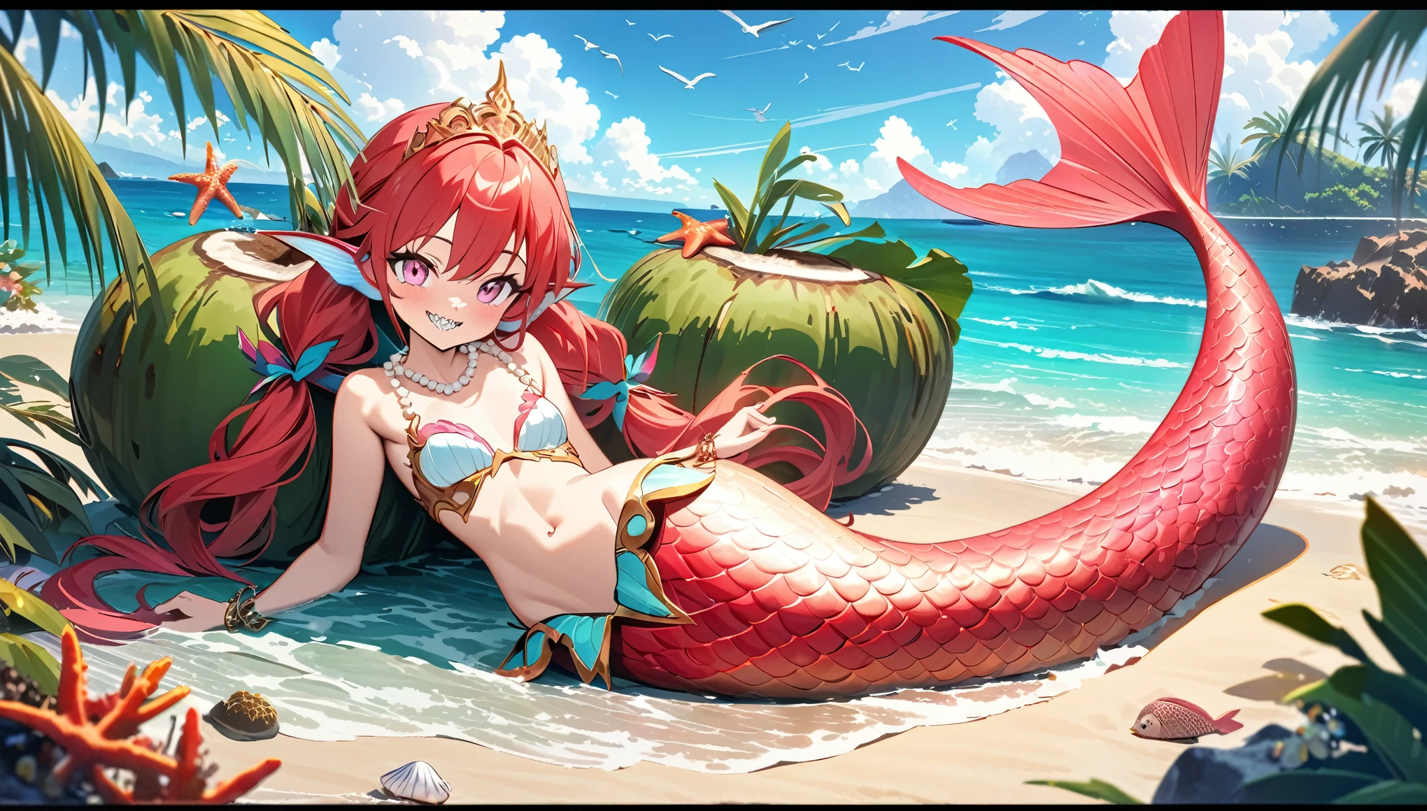 (best quality,4k,8k,highres,masterpiece:1.2),ultra-detailed, Pretty  princess magically transformed into a beautiful mermaid, race swap, fantastic transformation, steampunk, long and detailed mermaid tail with shimmering red fish scales, fins ears, , drawn in anime style, very long pigtails red hair, sharp teeth, is smiling, pink eyes, small breast, long pelvic and dorsal fins, pair of fish gills on the torso, red seashells bra, starfish hair clips, pearl earrings and bracelets, pearl necklace, hair ribbons, gold tiara, lying on a sandy beach, new beautiful body,she’s smiling,embracing her new life has a mermaid, brushing her hair with an hairbrush, ocean waves,sparkling water,coconut trees,seagulls,coral reef,vibrant colors,magical glow,shimmering scales,sea breeze,warm sunlight,joyful expression,island paradise,lush tropical plants,dynamic composition,soft and smooth lines,expressive facial features,gentle water reflections,serene atmosphere, Highly detailed, masterpiece, high quality, 4K.