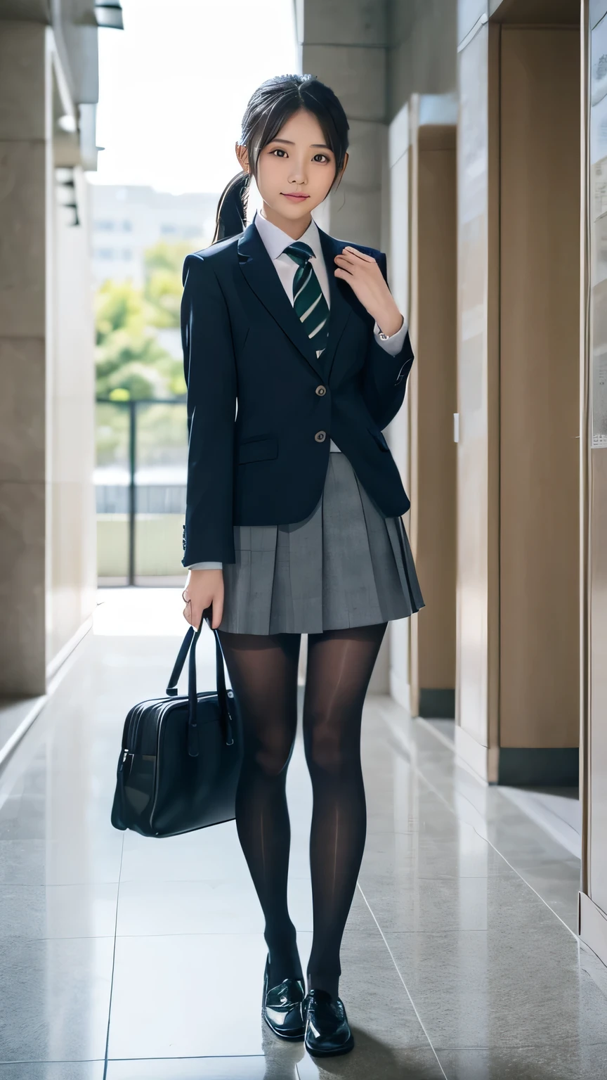 Great quality、8k、flying debris、(RAW Photos:1.4)、High resolution、((Composition away from the subject))、((Full body photo from face to ankles))、((Perfect Anatomy))、1 female 14 years old、Small stature、Detailed skin、Glowing Skin、Baby Face、double eyelid、eyes with long eyelashes、Small face、smile、Open your mouth、ponytail、Staring out the window in the school hallway、Stretch your back、The windows provide natural light、Realistic school scenery、middle School girl、Blue and grey school bag on shoulder、Slender and delicate body、Small breasts、A blazer uniform with green lines、girl 、Check skirt、healthy、young woman、black tights、black tights、Black knee-high socks、Brown loafers、loafers、Full Body Shot、Beautiful Hairstyles、Accentuates very slim legsKnee-length skirt