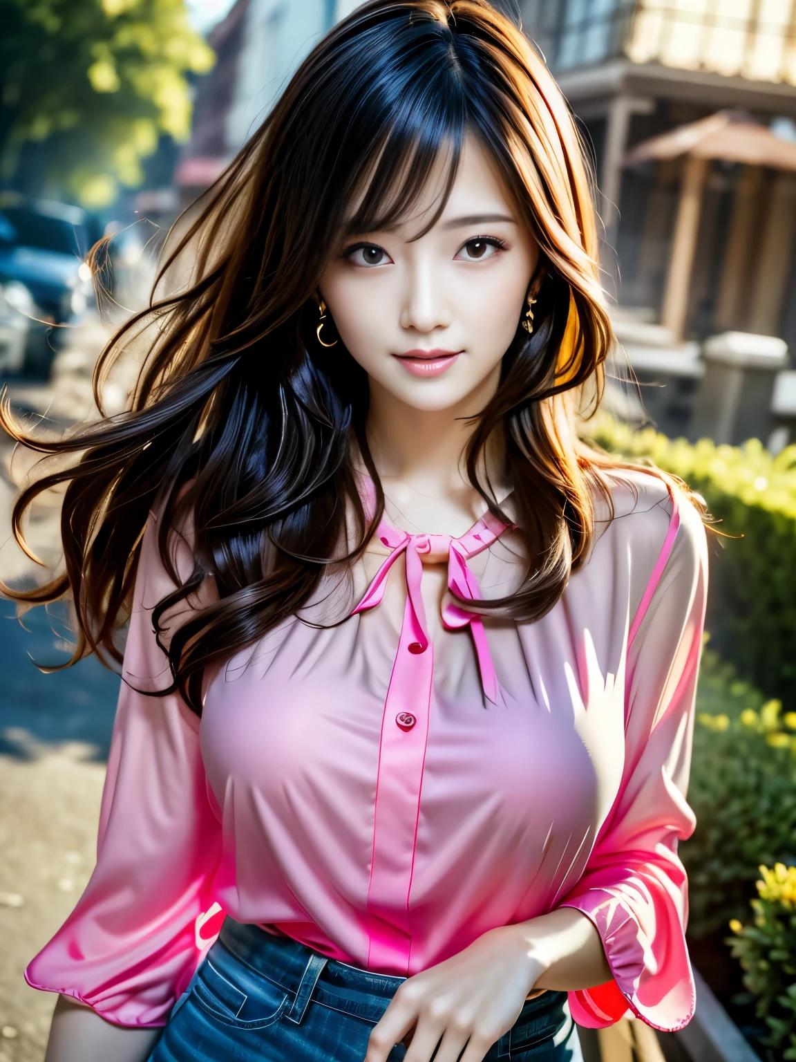 highest quality, One girl, (Skin Hollow), (Large Breasts), (Day), bright, Background Blur, Outdoor, (street:0.6), (hair:1.5), (blouse:1.5), nice, (hair Float:1.5), Soft Light, Wind, garden, street, Big firm Breasts, hard nipples, Sexy, Sharp Eyes, Break, dynamic sexy poses, sweat, Add Light Red, Intricate details, Splash screen,