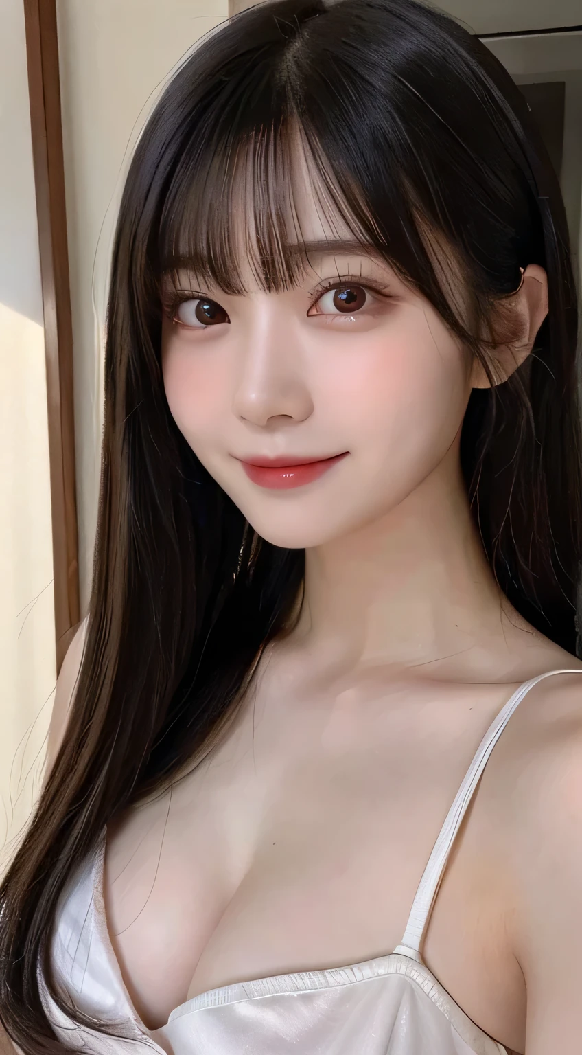 (highest quality,masterpiece:1.3,超A high resolution,),(Ultra-detailed,Caustics),(Photorealistic:1.4,RAW shooting,)Ultra-Realistic Capture,Very detailed,High resolution 16K human skin closeup。 The skin texture is natural、,Pores、It must be detailed enough to be easily identifiable.。 Skin should look healthy and have an even tone。 Use natural light and color,1 girl,Japanese,18-year-old,cute,Black-haired,Mid-length hair,(Large Breasts:1.2),smile,Turn your body forward,(View from the front:1.2),Looking into the camera,Bust up shot:1.1,focused on the chest:1.1,Chest close-up:1.1,pajamas