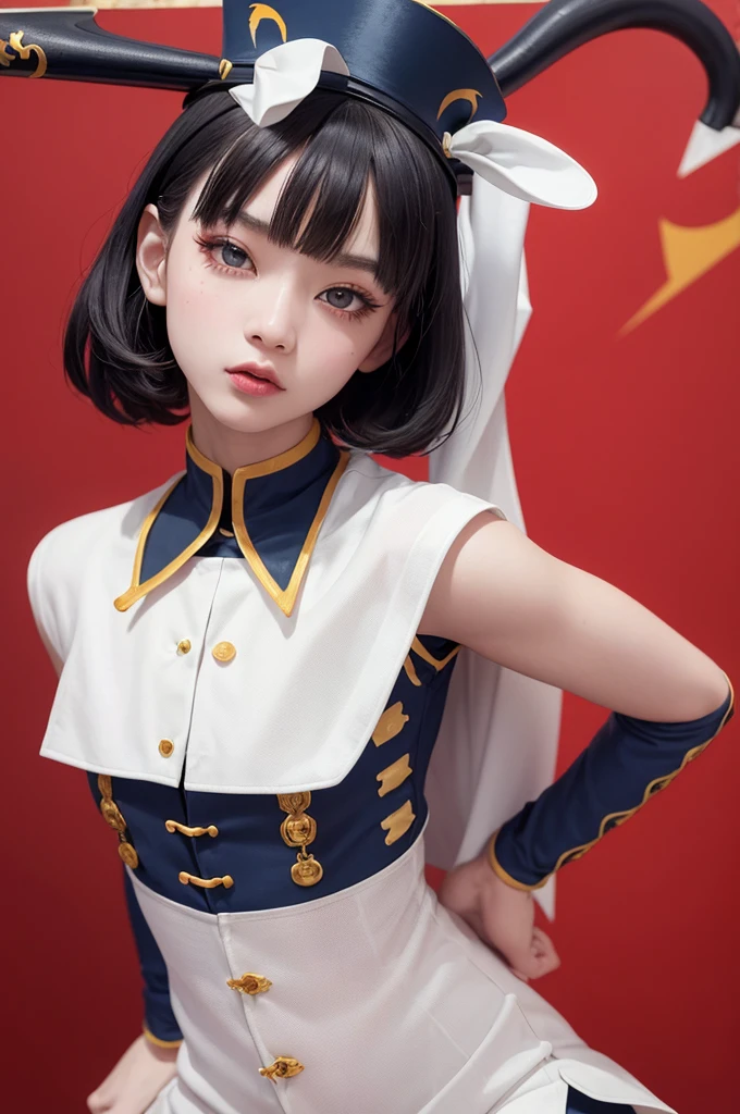 Photorealistic,pop art,flat color,(masterpiece, best quality:1.1),
(ultra highres, ultra-detailed:1.2) ,Cute Jiangshi,,pale skin,navy hair,wavy short hair,parallel eyebrows,dynamic pose,