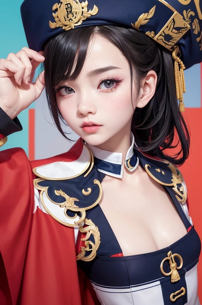 Photorealistic,pop art,flat color,(masterpiece, best quality:1.1),
(ultra highres, ultra-detailed:1.2) ,Cute Jiangshi,16yo,pale skin,navy hair,wavy short hair,parallel eyebrows,dynamic pose,