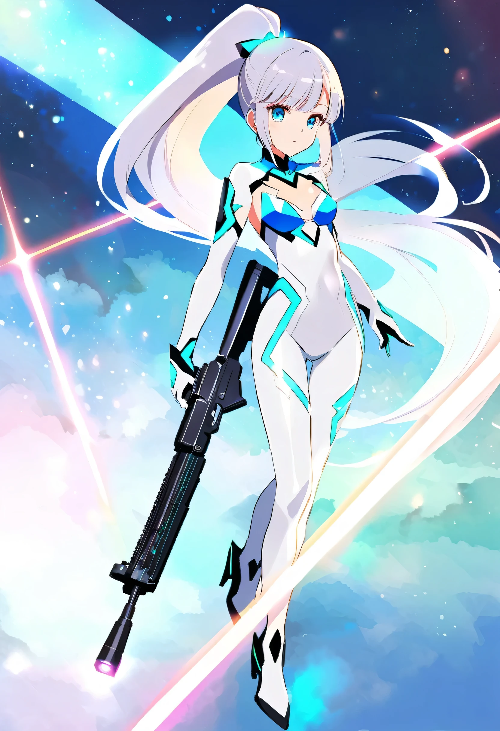 Full body cyber girl with ponytail. ariana grande face. A bright white color showing her as a cyber girl with a laser rifle. White eyebrows. Catsuit-like clothing. She has bright blue eyes. The environment is like a Terminator. Hair is platinum. One side of her face is lit up in a bright blue light. As if guided. There are also LED lights on both hands..