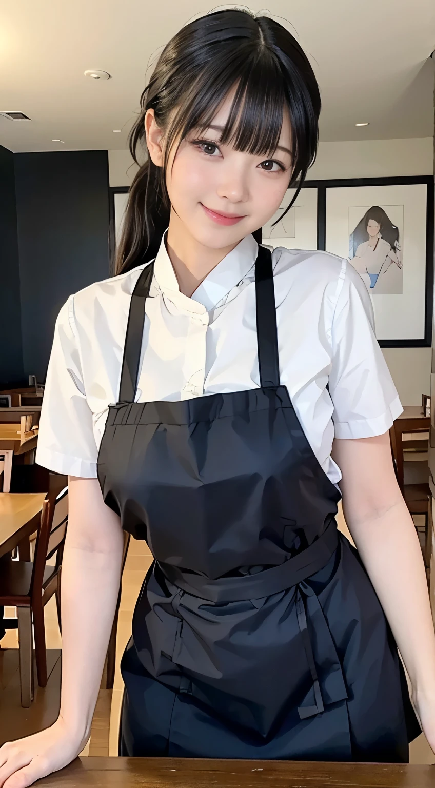 (highest quality,masterpiece:1.3,Ultra-high resolution,),(Very detailed,Caustics),(Realistic:1.4,RAW shooting,)Ultra-Realistic Capture,Very detailed,High resolution 16K human skin closeup。 Natural skin texture、,pores、、、、It must be detailed enough to be easily identifiable。 Skin tone is even and healthy looking。 Use natural light and color,restaurant,Waitress Uniform,1 girl,Japanese,18-year-old,cute,Black-haired,ponytail,Big Breasts,smile,Turn your body forward,(Front view:1.1),Looking into the camera,Cowboy Shot,