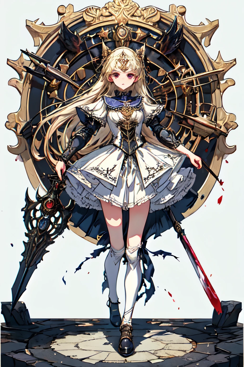 ((best quality)), ((masterpiece)), (detailed), perfect face ((best quality)), ((masterpiece)), (detailed), blank white background, plain background, white background, Bloodborne inspired,  occult aesthetic, occult, detailed and intricate steampunk and detailed gothic, (zentangle, mandala, tangle, entangle),  NSFW, torn clothing, Very dramatic and cinematic lighting, cosmic horror, grim-dark, side-lighting, perfect face, a beautiful goddess adorned and enshrined in armour, Bloodborne inspired , occult aesthetic , occult , detailed and intricate steampunk and detailed gothic , wielding a sword and holding a shield, NSFW, Fluttering lace flared short dress with frilly petticoats, knee length dress, pleated petticoats, lolita dress, petticoats gothic lolita, side-lighting, gothic lolita aesthetic, beautiful small breasts, small breasts, full body, whole body, body, plain background, white background, blank background, no background, white background NSFW, full body, whole body, head-to-toe