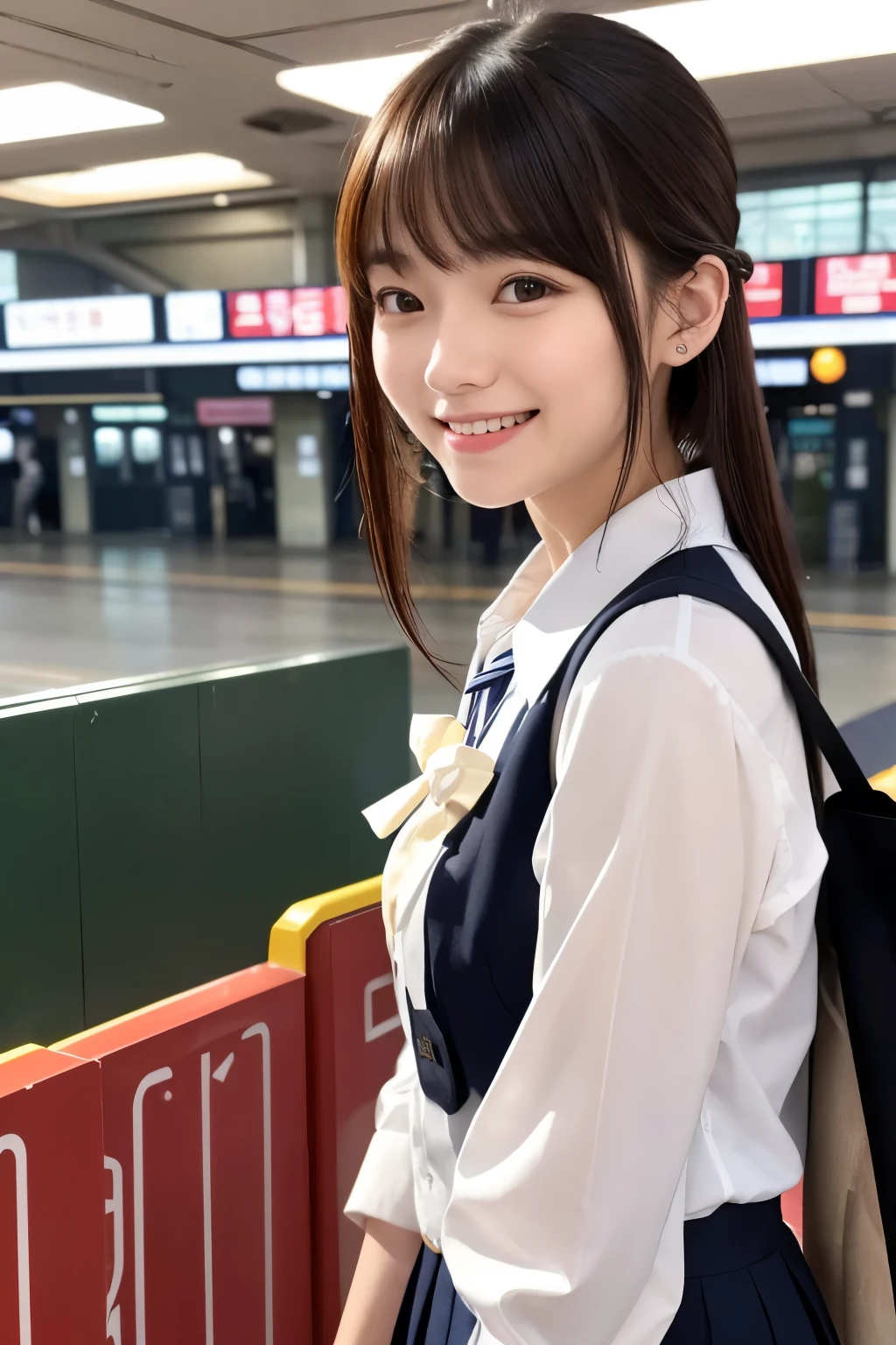 A young woman is standing in a bright public place and smiling、Wearing a uniform。Her hair is long、The bangs are cut straight、She has red ribbons on both sides of her hair。The woman is wearing a white shirt and a black vest、And he's wearing a red and black checked tie.。The skirt is also checkered.、The colours are mainly red and brown.。
Her face is bright、Creates a sense of familiarity。In the background, you can see the interior of a public facility such as a train station.、There are various signs and directions posted.。There are other people around々Moori、Everyday scenes are depicted。
The women are dressed in uniforms that combine a casual and formal atmosphere.、Overall it is clean.、It gives a sophisticated impression。