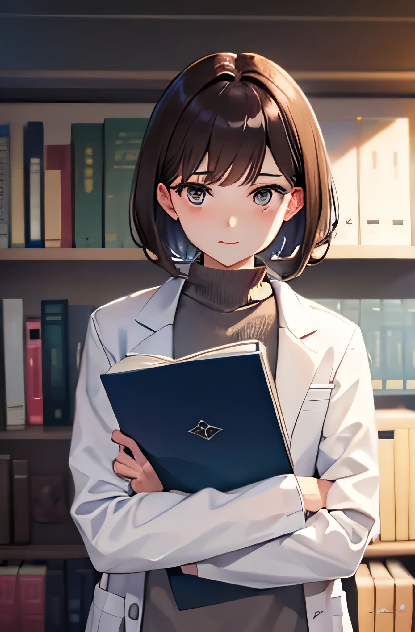 バストアップ front view brown hair short hair gray eyes researcher lab coat have a book